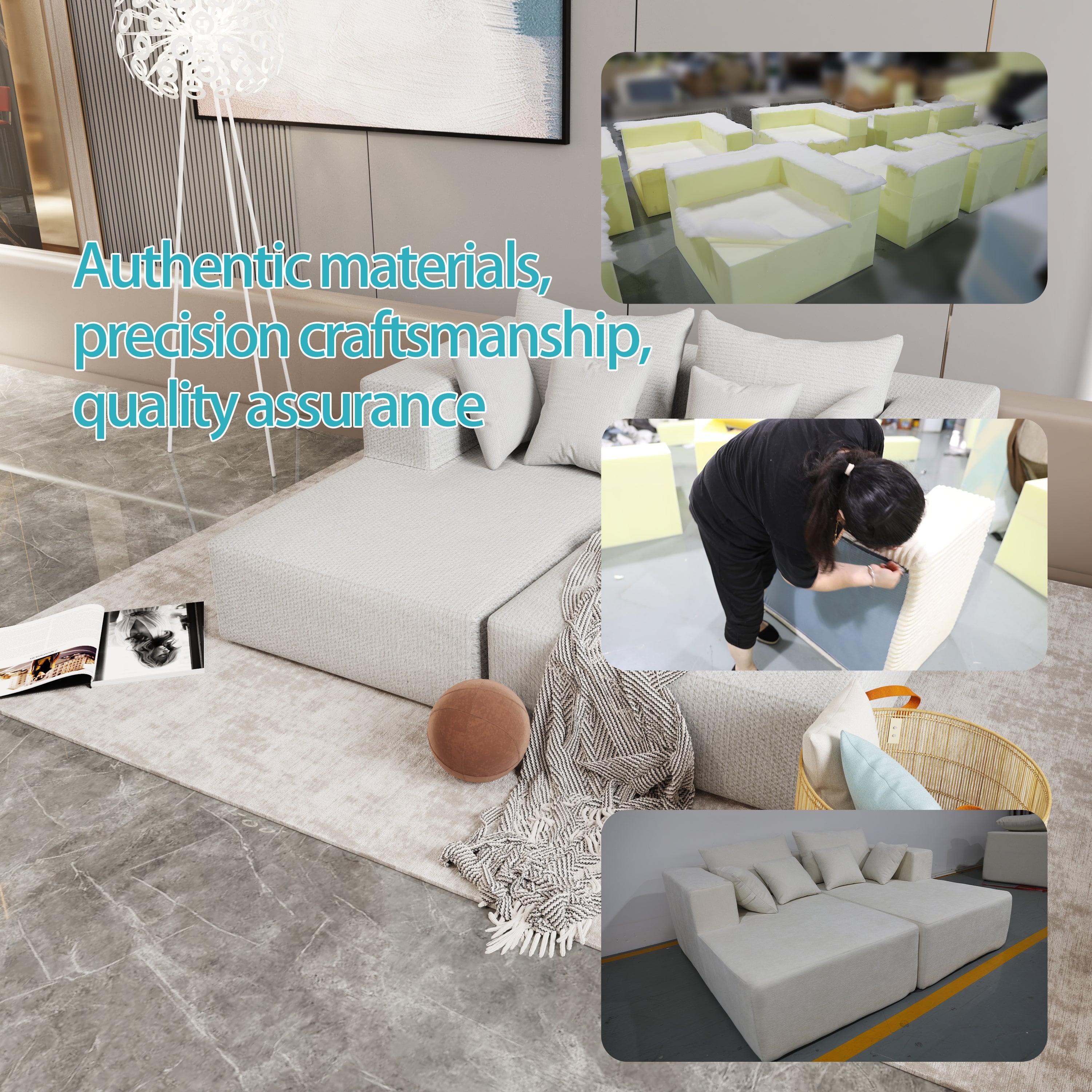 Four seater combination sofa, sofa bed, made of high-density sponge and soft linen fabric, with multiple combination methods (beige)