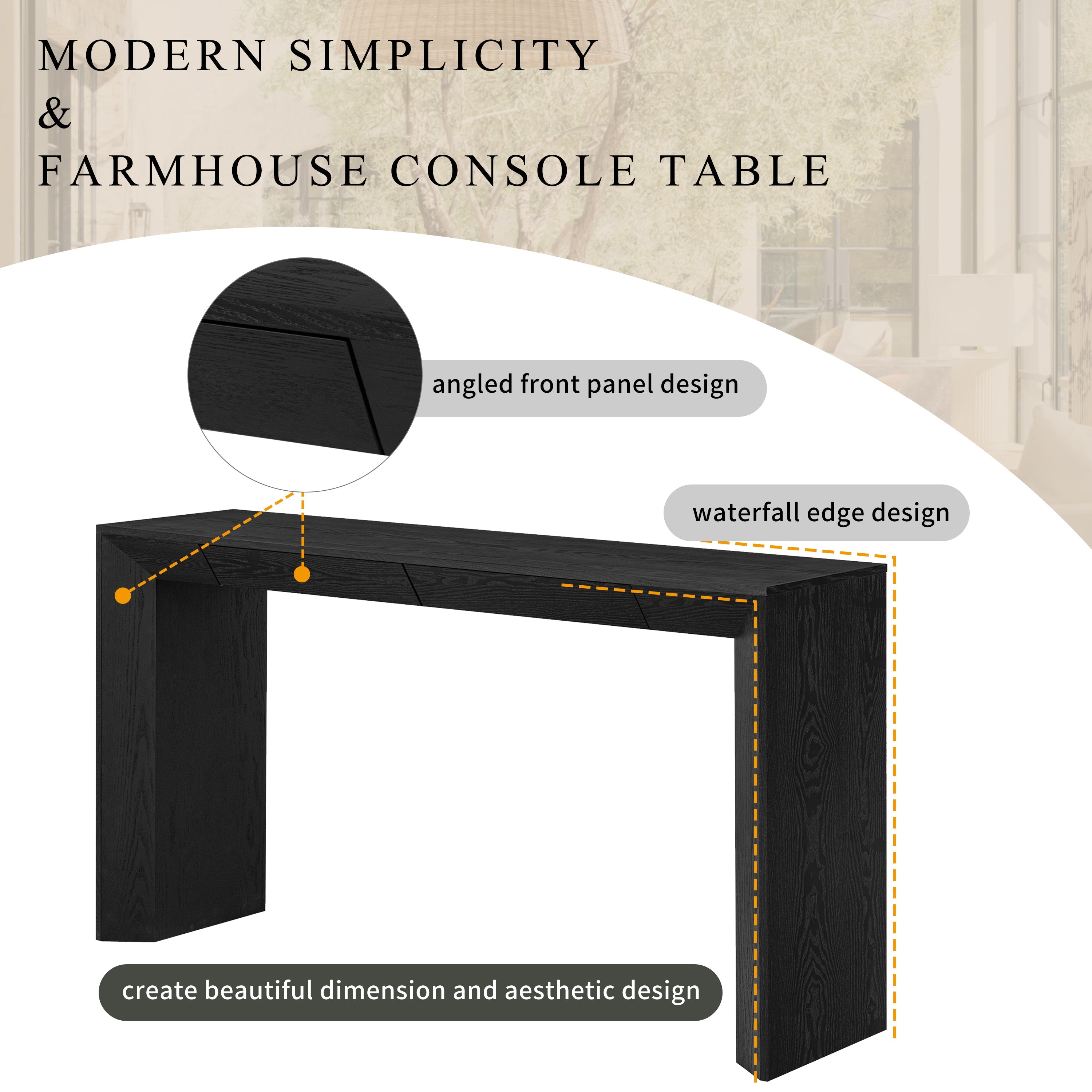TREXM 60' Modern Farmhouse Console Table with 2 Concealed Drawers, Waterfall Design Entryway Table with Thickened Legs & Rustic Wood Grain for Living Room, Entryway & Hallway (Black)