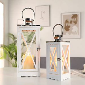 JHY DESIGN white metal decorative candle lanterns, set of 2 rustic hanging lanterns with warm glow