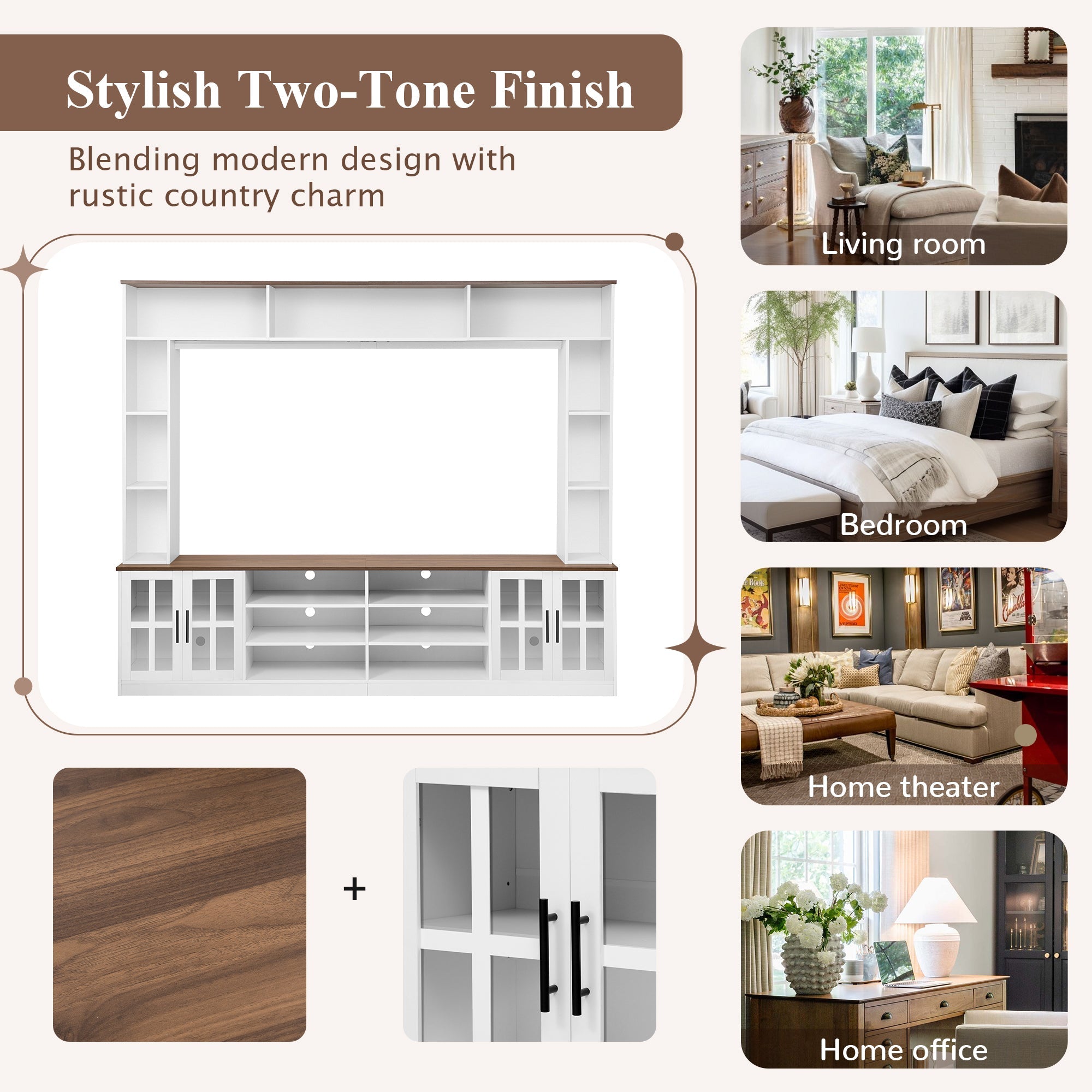 U-Can 95.5' W Wall Unit Entertainment Center with Bookshelves for TVs up to 80', Modern TV Stand Media Console with Cabinets, Tempered Glass Doors and Adjustable Shelves for Living Room