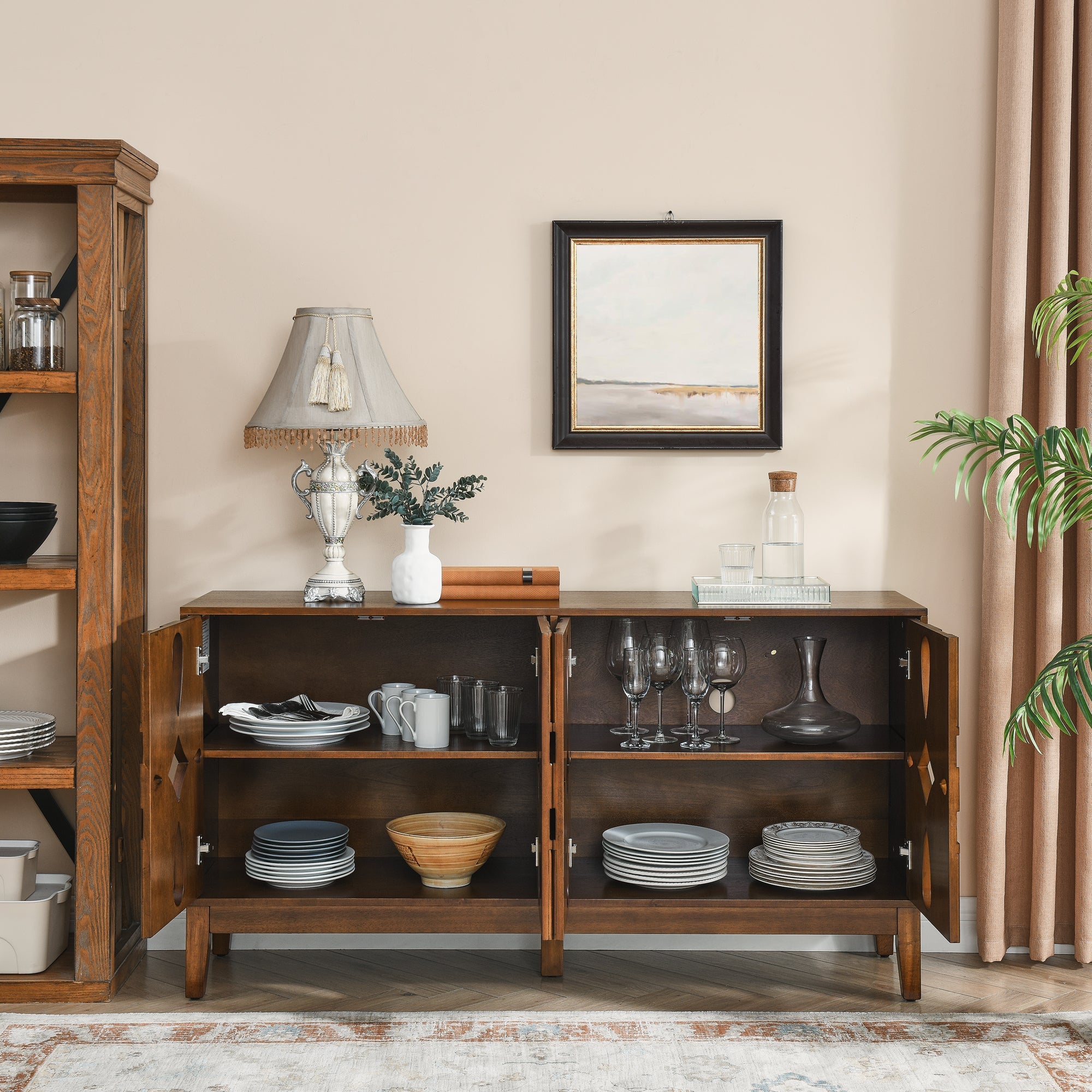 60.5' Mid Century Modern Sideboard Buffet Cabinet with Storage, TV Media Console Table, Storage Cabinet with 4 Doors & Adjustable Shelves for Kitchen Dining Living Room Entryway, Walnut