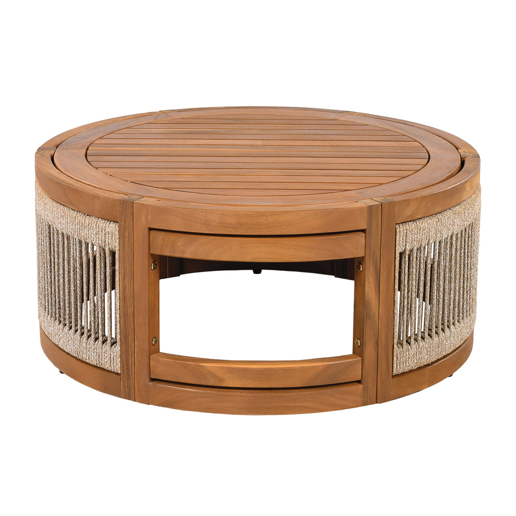 27.95' Acacia Wood Outdoor Coffee Table - Handwoven Rope Accent Boho Patio Table with All-Weather Durability