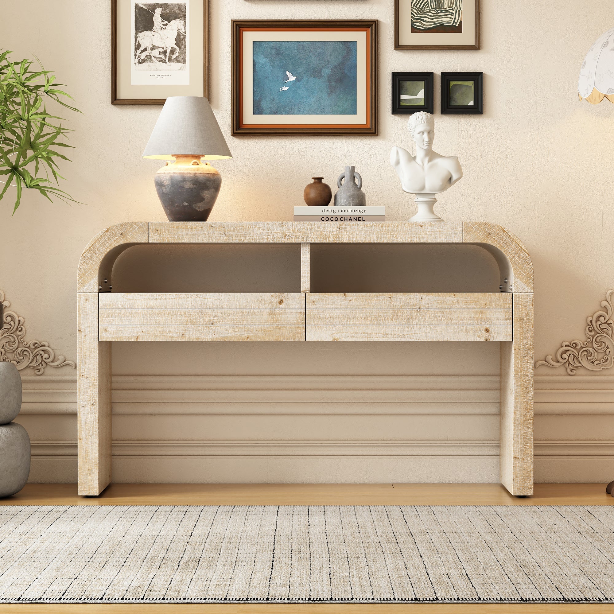 TREXM Console Table Entryway Table, Retro Curved Sofa Table with 2 Large Drawers, Narrow Console Table for Living Room Hallway Entrance, 52''×14''×31.5'', Natural Wood Wash