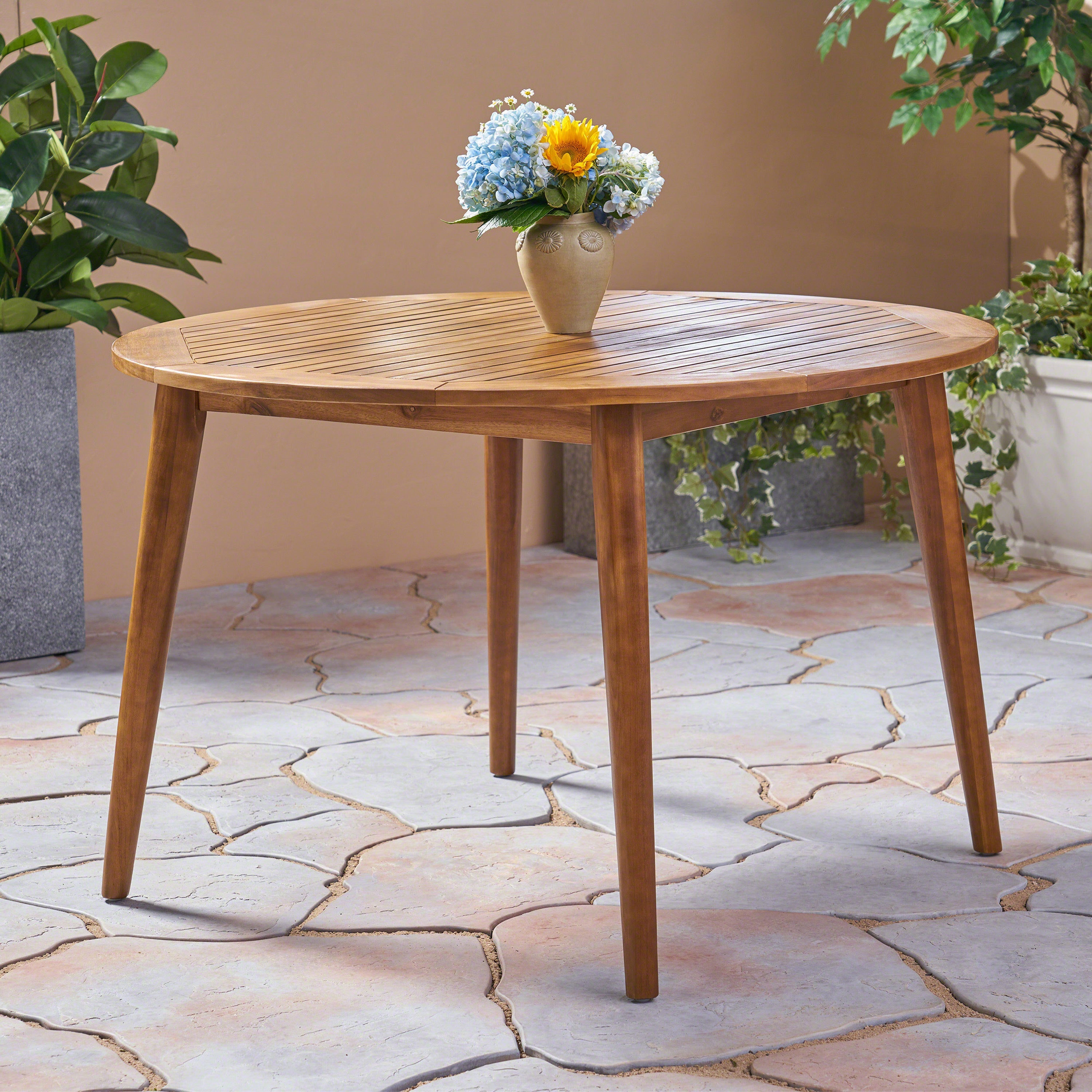 STAMFORD Modern Acacia Wood Dining Table with Straight Leg Base, Teak Finish, 47.25 Inches