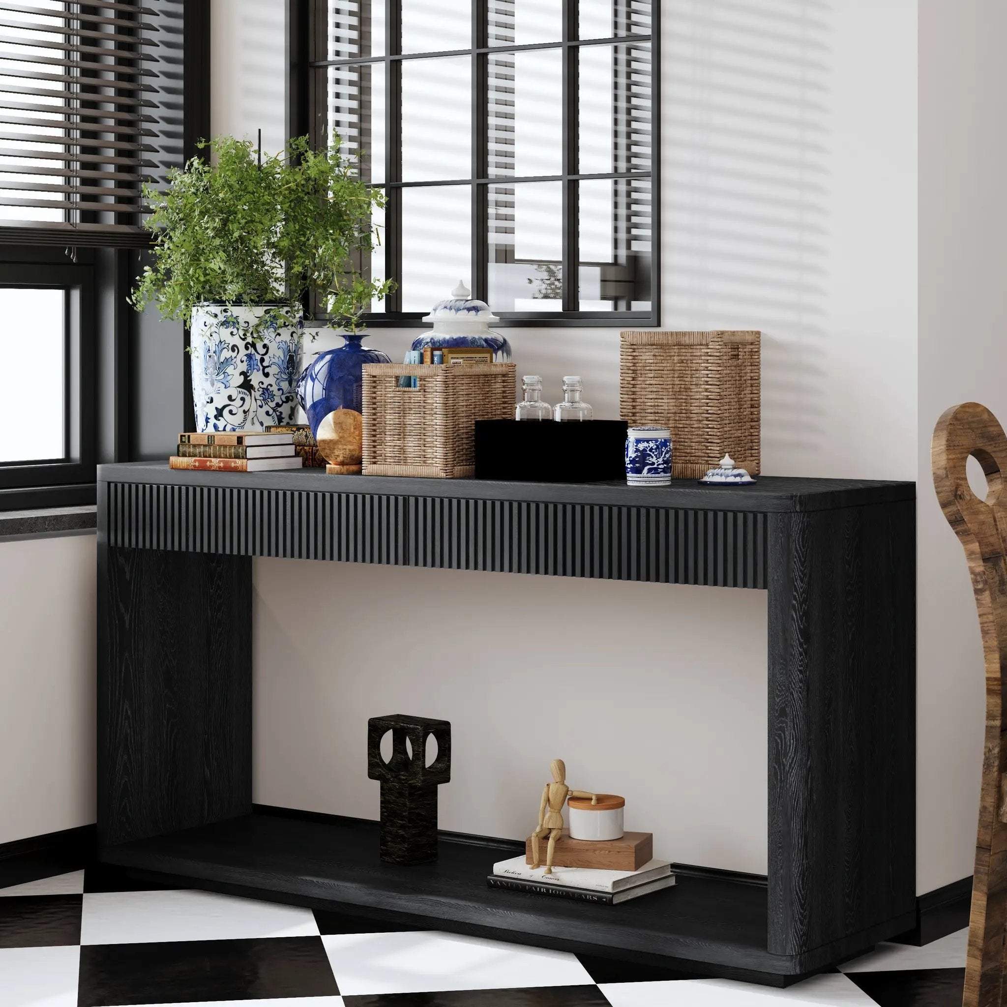 60' Modern 2-Drawer Fluted Console Table Natural Wood Veneer Sofa Table Behind Couch Table for Living Room, Hallway, Entryway, Home Office, Black