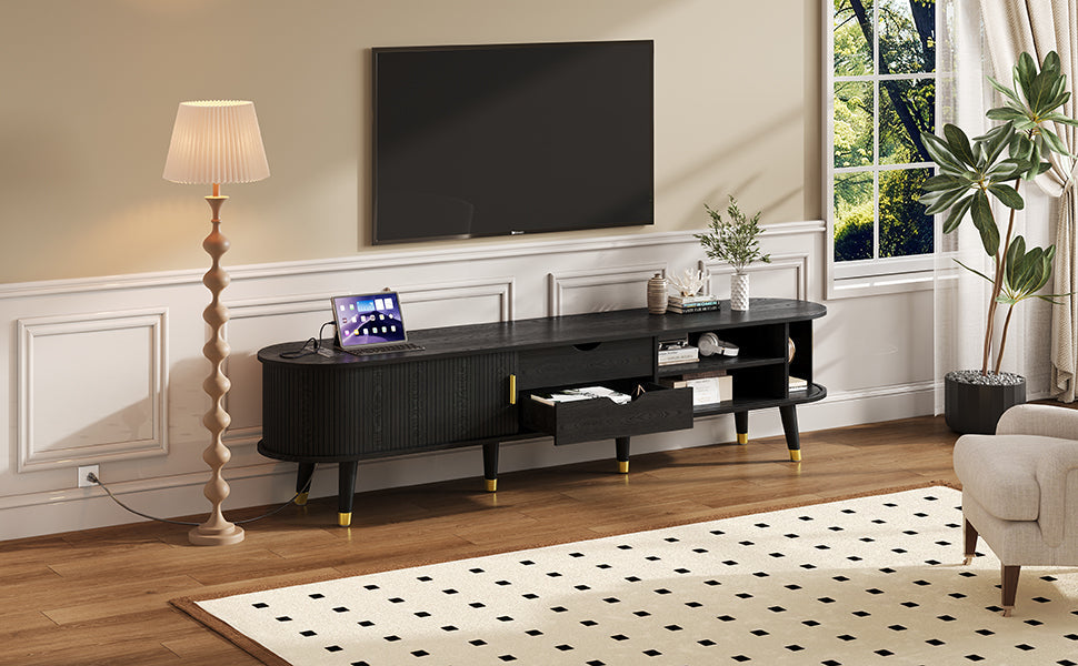 Wooden Oval Fluted TV Stand with Charging Station for TV up to 80', Mid-Century Media Console with Sliding Tambour Door, Farmhouse TV Cabinet with Golden Handle for Living Room, Black