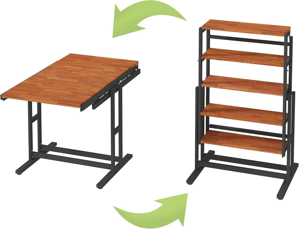 Extendable Dining Table Convertible 2 in 1 Shelf to Table with Metal Frame Industrial and Rustic Style for Small Spaces, Kitchen & Dining Room