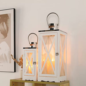 Set of 2 JHY DESIGN metal hanging lanterns, white frames with glass panels and warm candlelight.