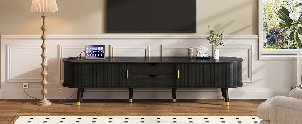 Wooden Oval Fluted TV Stand with Charging Station for TV up to 80', Mid-Century Media Console with Sliding Tambour Door, Farmhouse TV Cabinet with Golden Handle for Living Room, Black
