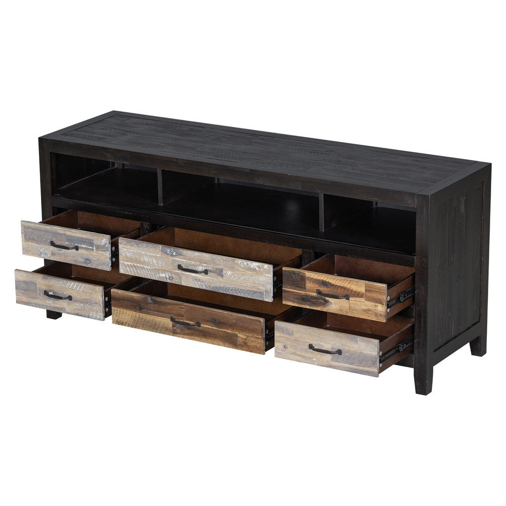 U-Can Retro Distressed Wooden TV Stand for TVs up to 65 Inches, Entertainment Center Media Console with 6 Drawers and 3 Shelves for Living room, Black