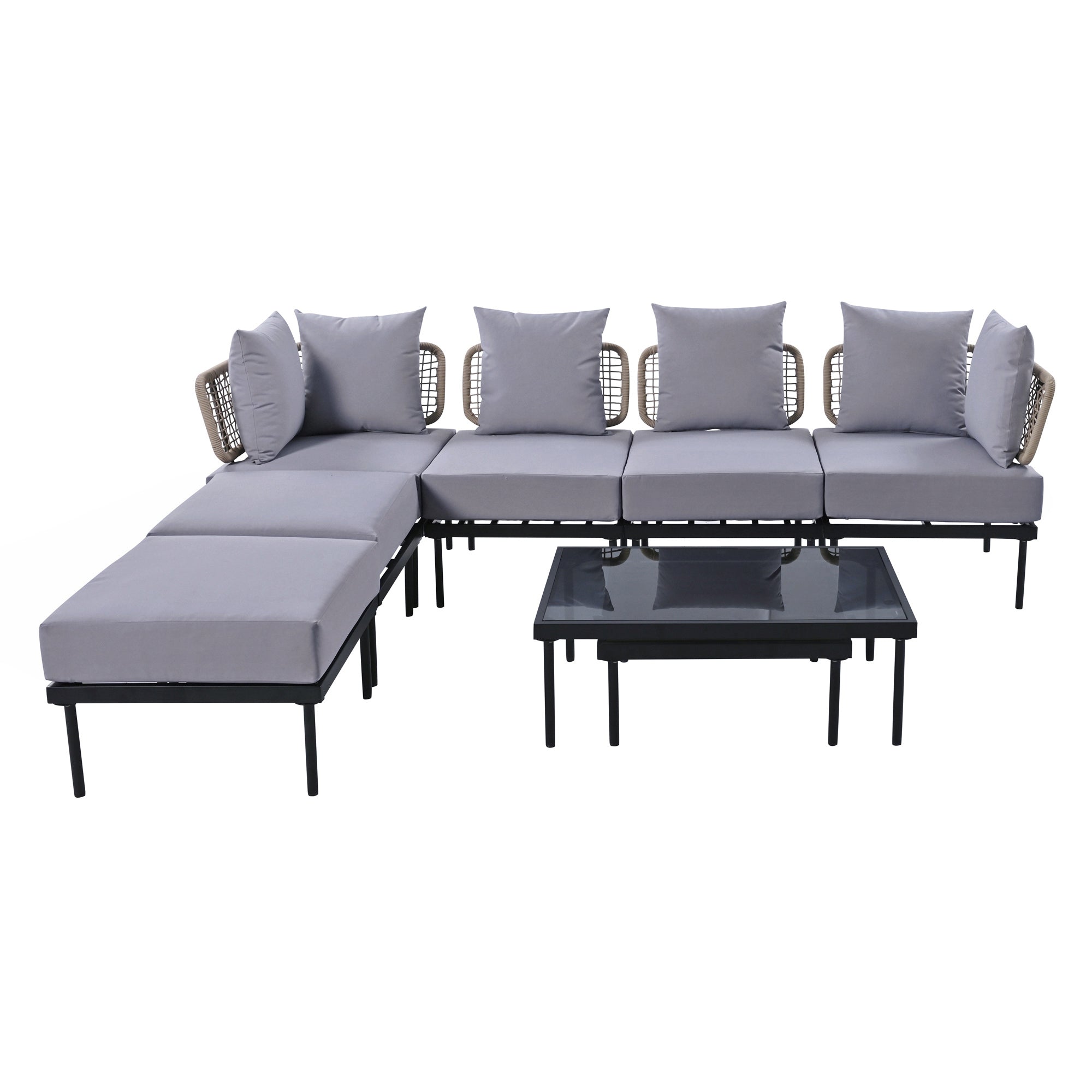 TREXM 8-Piece Patio Sectional Sofa Set with Tempered Glass Coffee Table and Wooden Coffee Table for Outdoor Oasis, Garden, Patio and Poolside (Light Grey Cushion + Black Steel)