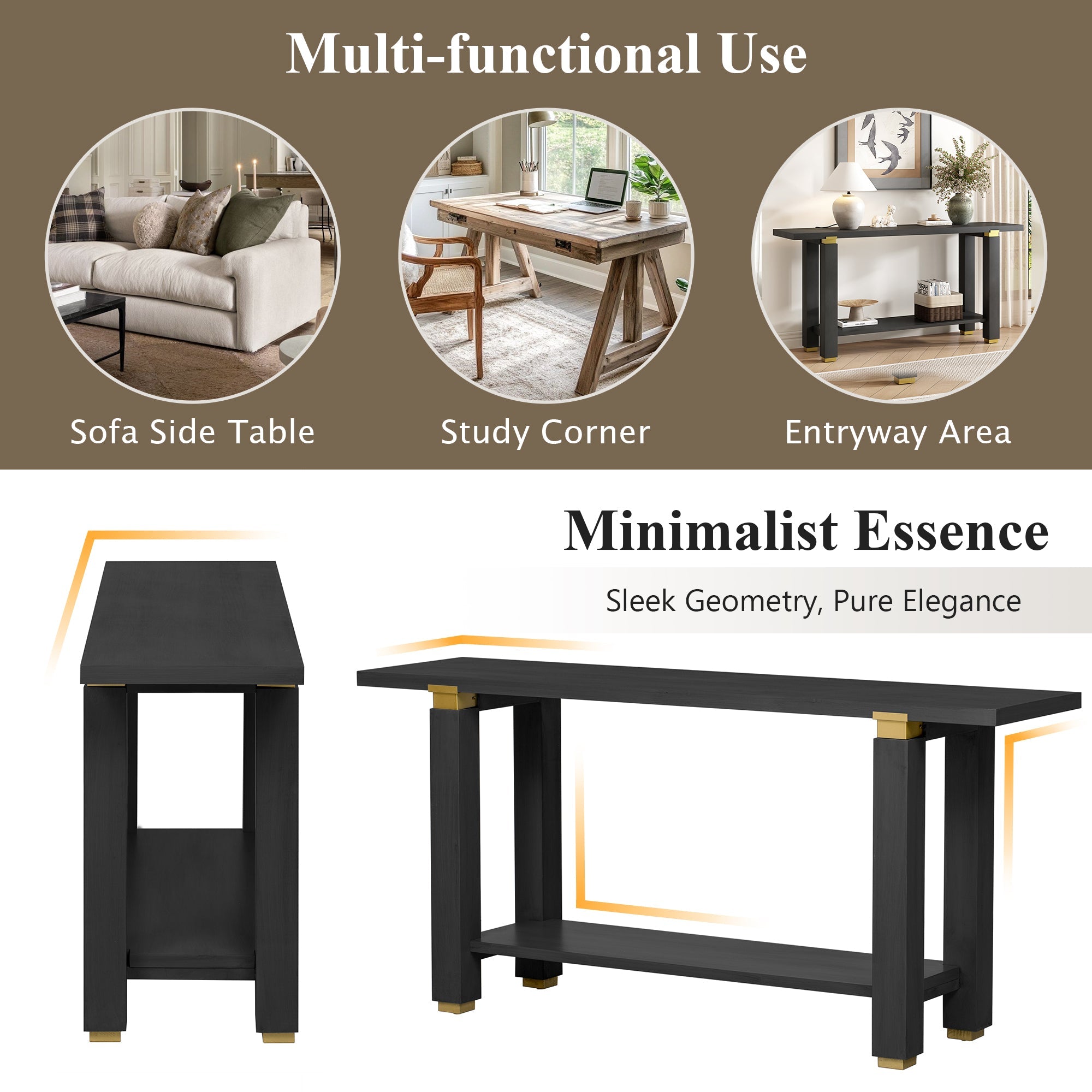 U_Style 62.9' Modern Minimalist Console Table, Solid Wood Entryway Sofa Table with Metal Accents, Built-in Shelf, for Living Room, Hallway (3 Colors: Black, Gray, Natural)