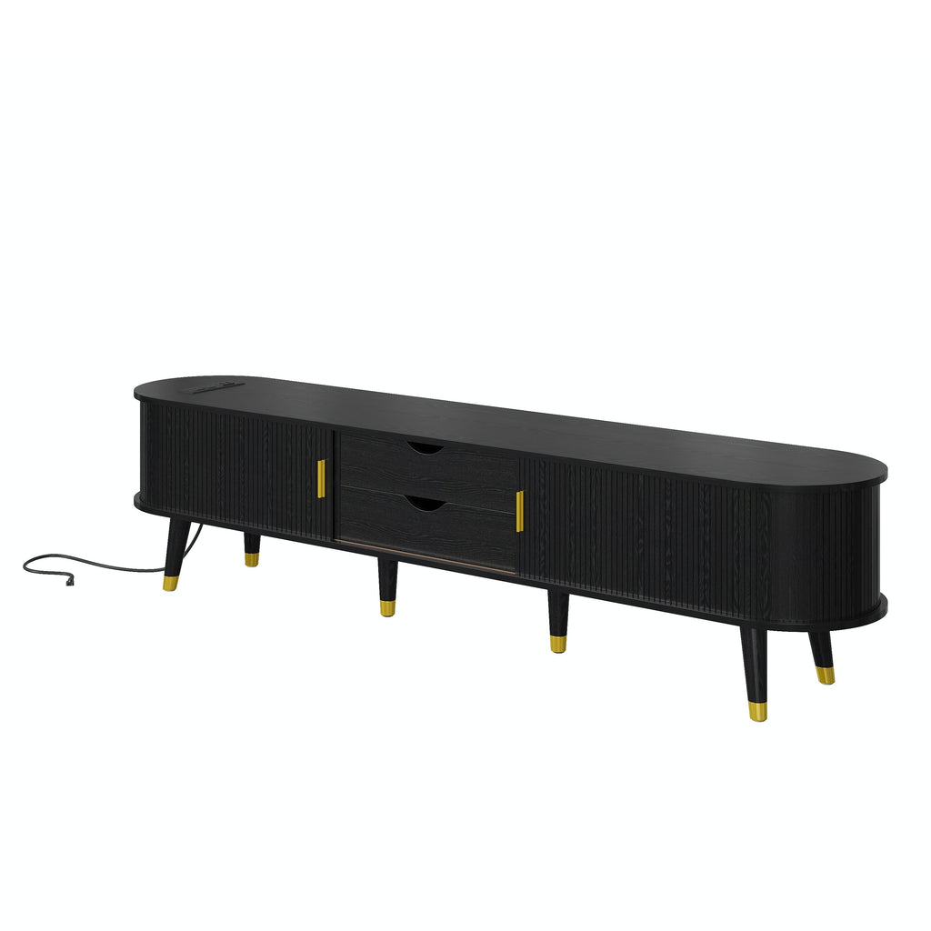 Wooden Farmhouse TV Stand & Coffee Table Set with Charging Station, Oval Fluted Media Console with Sliding Doors for TVs up to 80', Mid-Century Center Table with Solid Wood Legs for Living Room,Black