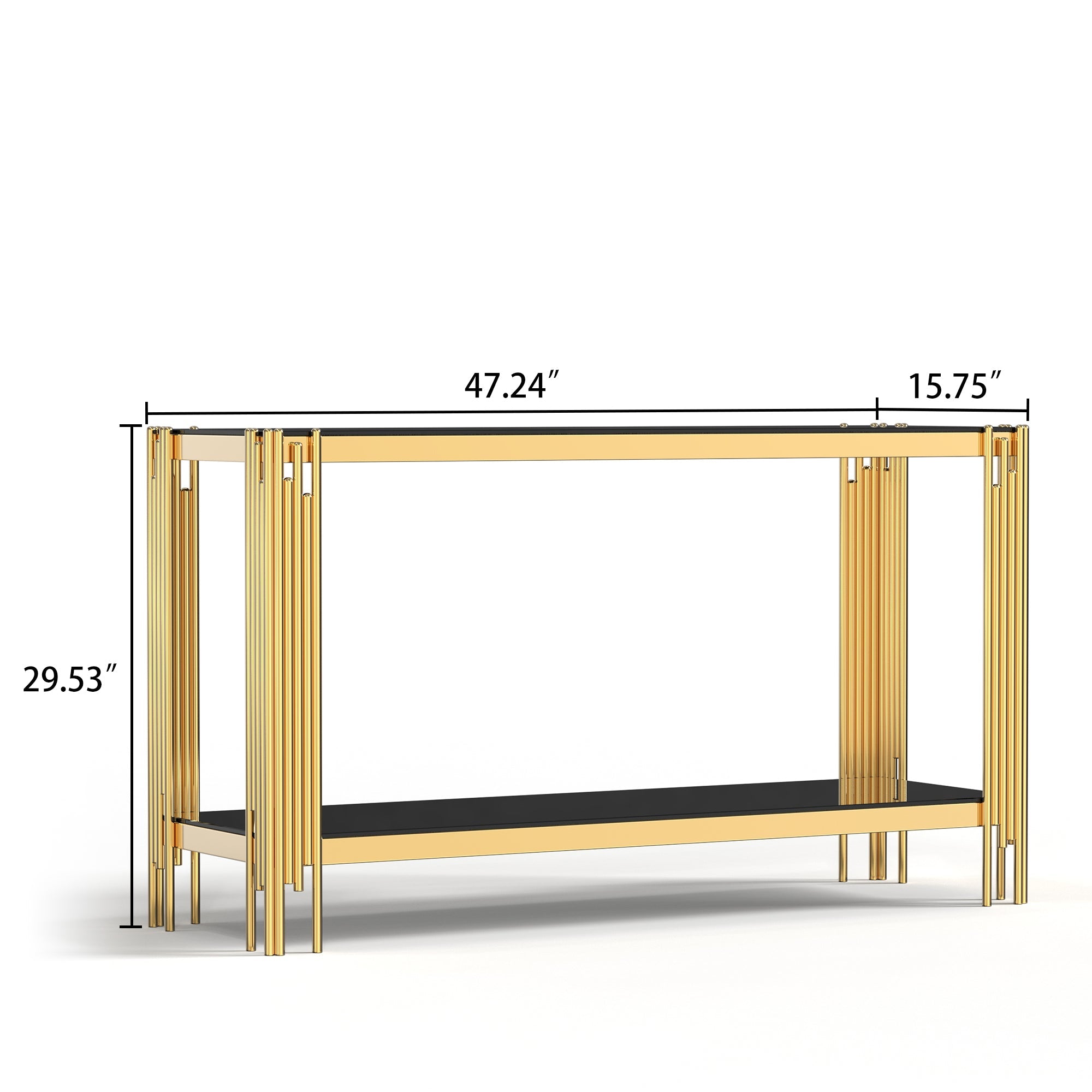 Top and Bottom Double Layer Tempered Glass Console Table and Mirror Finished Stainless Steel Frame