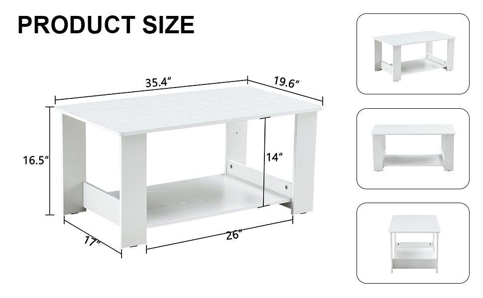 A modern and minimalist white double layered rectangular coffee table and coffee table. MDF material is more durable and suitable for living rooms, bedrooms, and study rooms. 19.6 "*35.4"*16.5 "CT-16