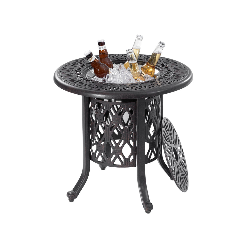 21-Inch Side Table with Removable Ice Bucket, Antique Bronze Aluminum Frame, Hand-Brushed Finish, Food-Grade Stainless Steel Bucket for Indoor & Outdoor Use