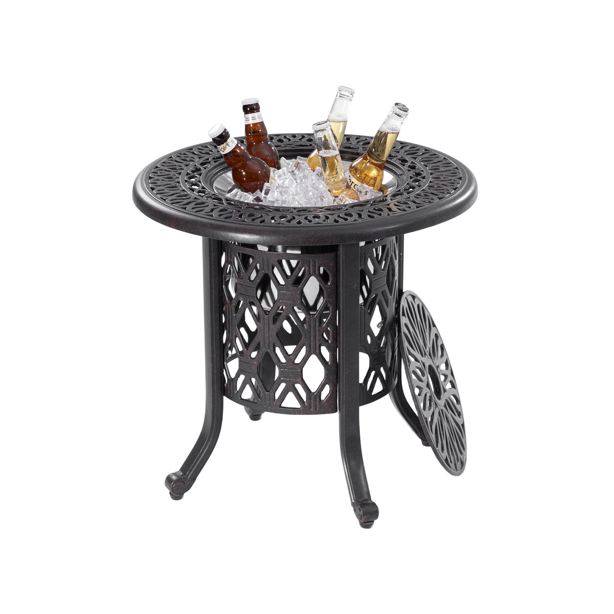 21-Inch Side Table with Removable Ice Bucket, Antique Bronze Aluminum Frame, Hand-Brushed Finish, Food-Grade Stainless Steel Bucket for Indoor & Outdoor Use