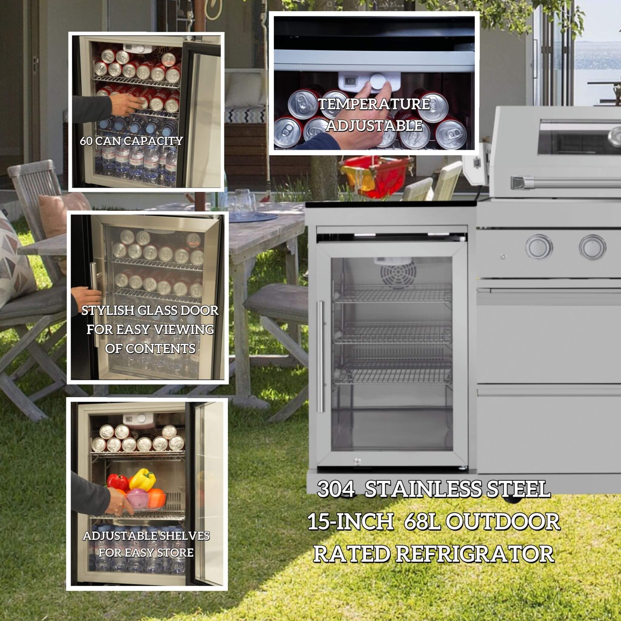 Castelle Flame 44-Inch 6-Burner 85K BTU Stainless Steel Outdoor BBQ Kitchen Island Grill With Wine Cooler, Rotisserie Kit, And Storage Cabinets (SAK97105)