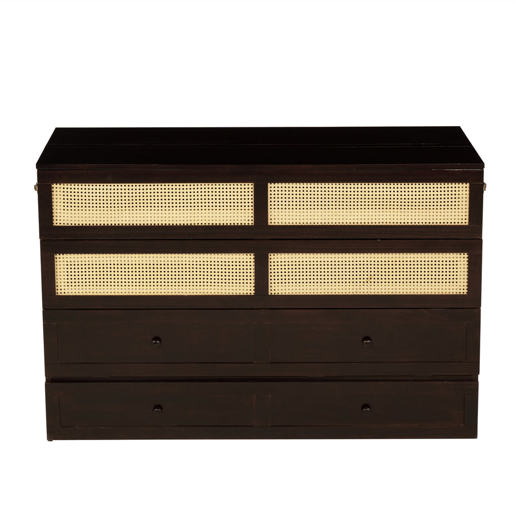 Queen Size Murphy Bed, Pine Wood Cabinet Bed with Rattan Decoration and Storage Drawer,Espresso