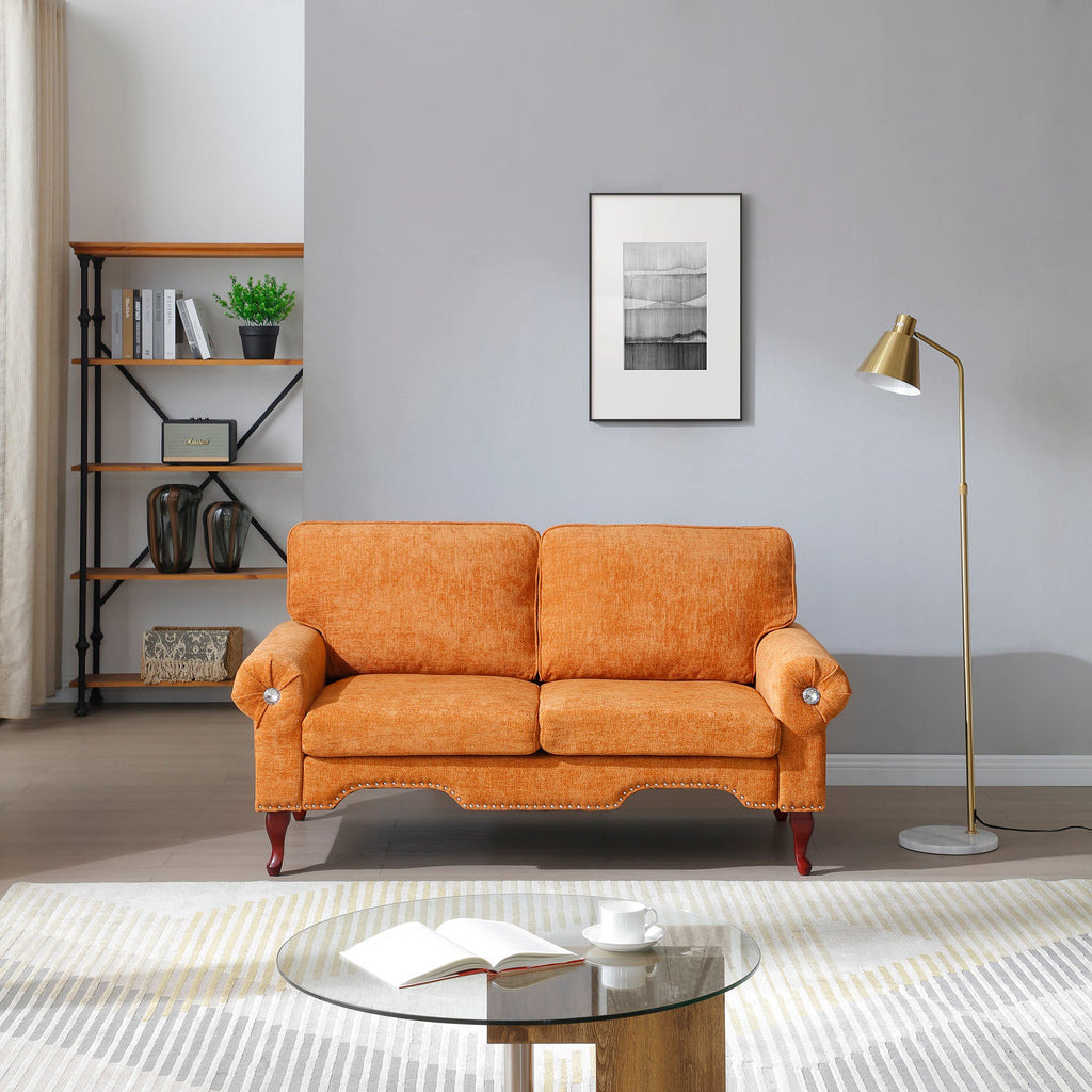 66-Inch Modern Velvet Loveseat Sofa with Wooden Legs & Crystal button and Copper Nail, Tufted Backrest, Perfect for Living Room, Bedroom, or Office (Orange)