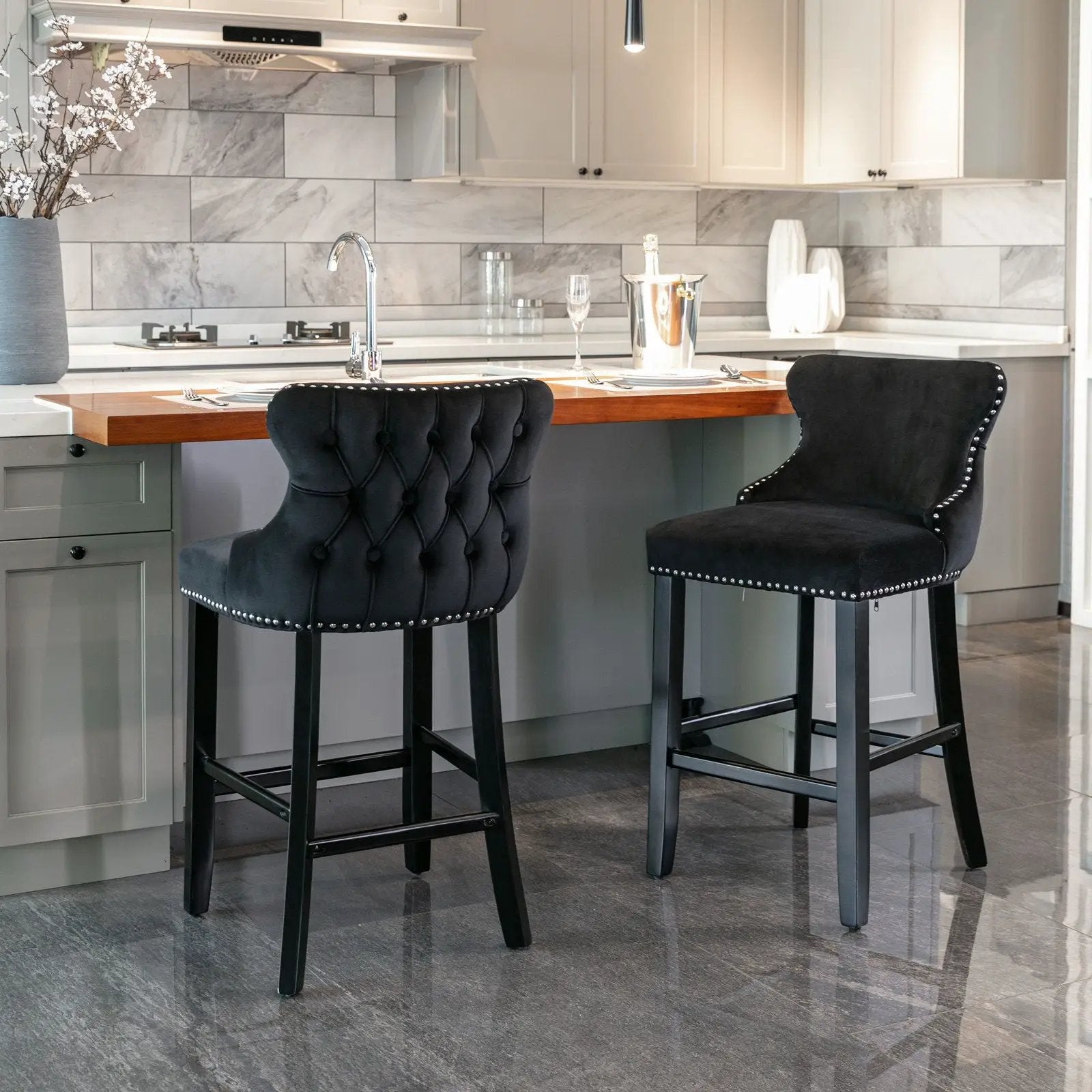Contemporary Upholstered Wing-Back Barstools With Button Tufted Decoration And Wooden Legs, And Nailhead Trim, Leisure Style Bar Chairs, Bar Stools (Set of 2)