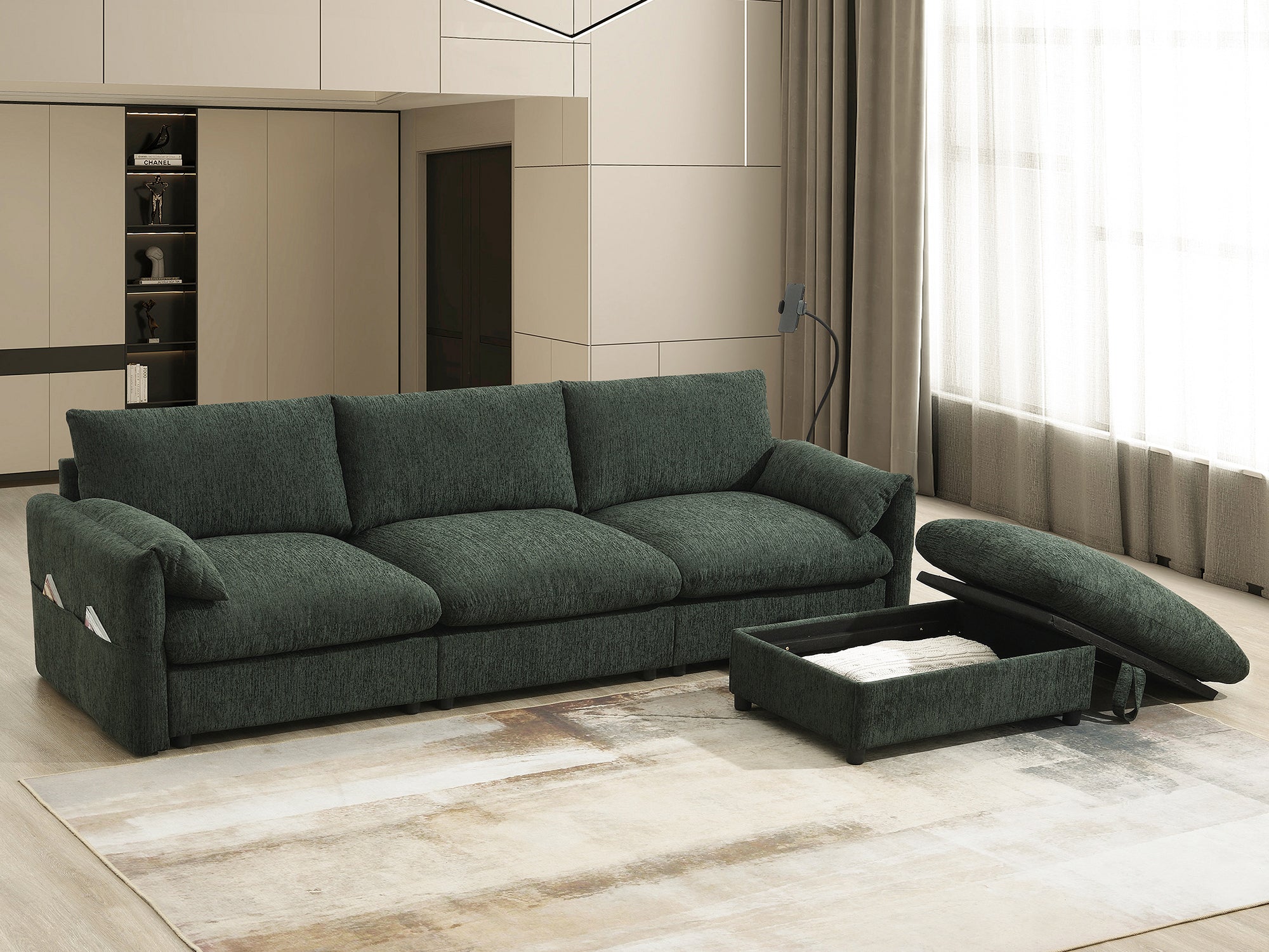 96.5'' Chenille Sectional Sofa with Storage Ottoman and Pockets,Adjustable Phone Holder,Wide Seat,4 Seat L Shaped Couch Set,Comfy Sofa with USB Charger for Living Room,Apartment,3 Colors