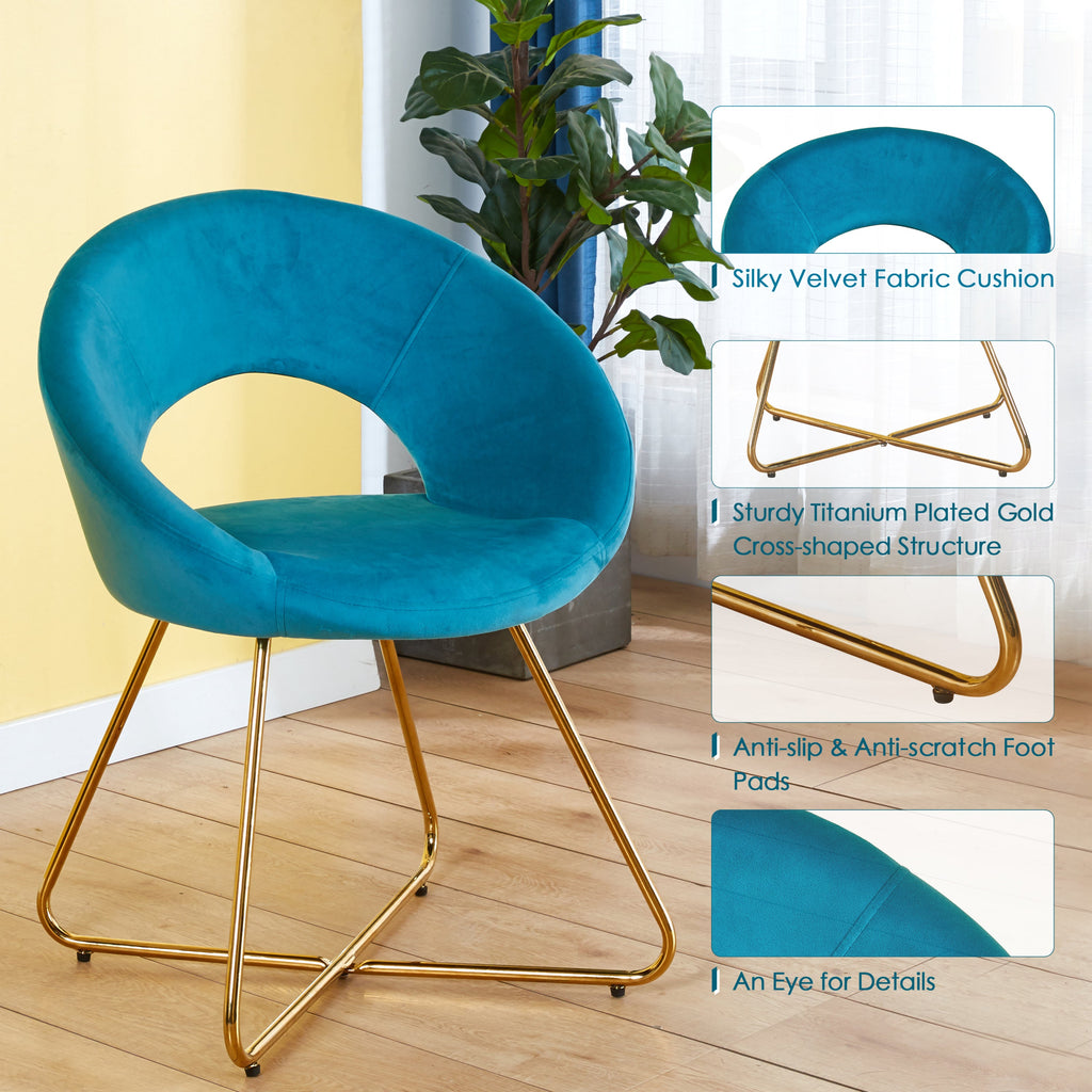 Modern Accent Velvet Chairs Set of 2 Dining Chairs Single Sofa Comfy Upholstered Arm Chair Living Room Furniture Mid-Century Leisure Lounge Chairs with Golden Metal Frame Legs