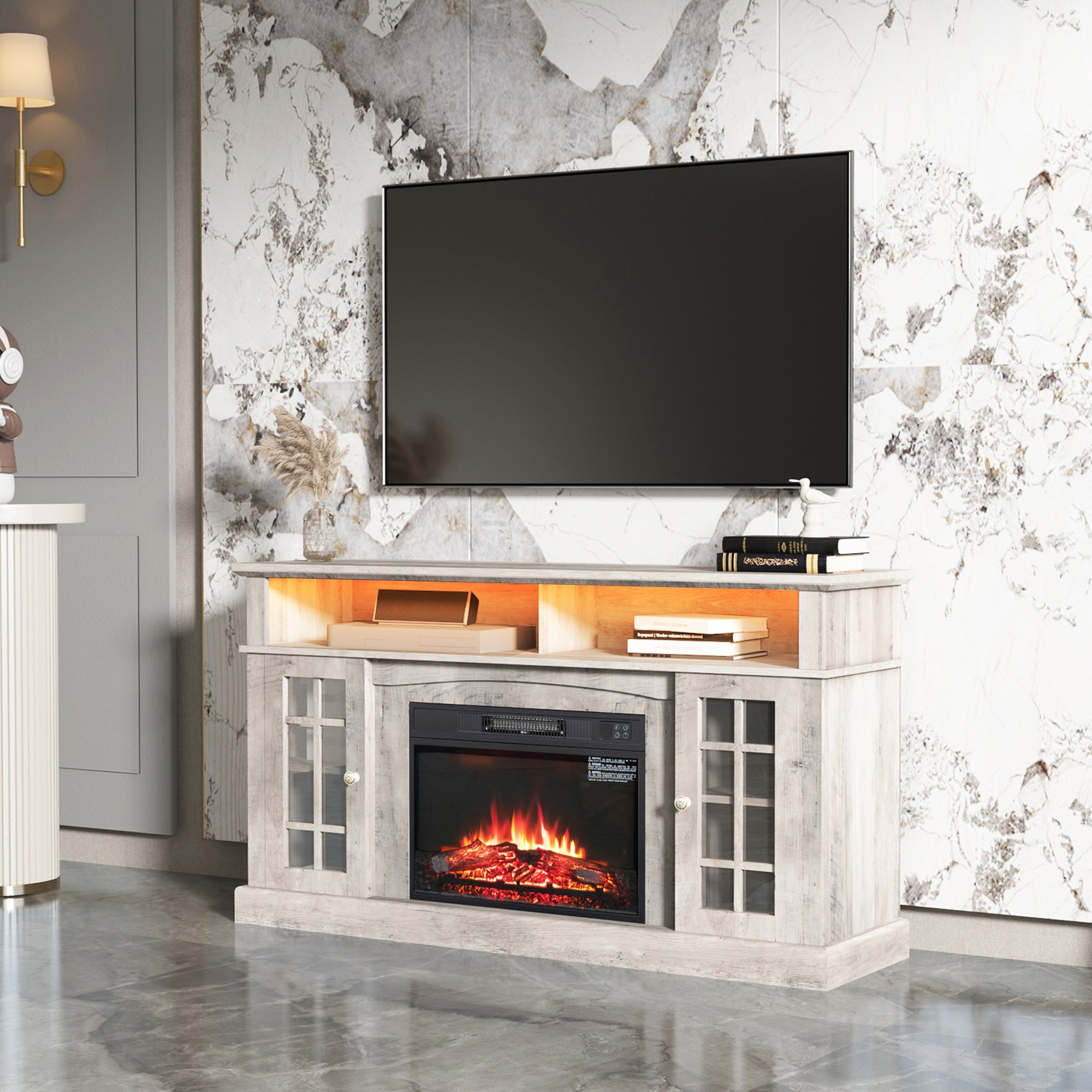 TVstand,media console,storage cabinet,entertainment center,with electronicfireplace,Install theLEDBluetooth band,using the latest infrared heating technology,electronic flame beautiful,safe color:Gray