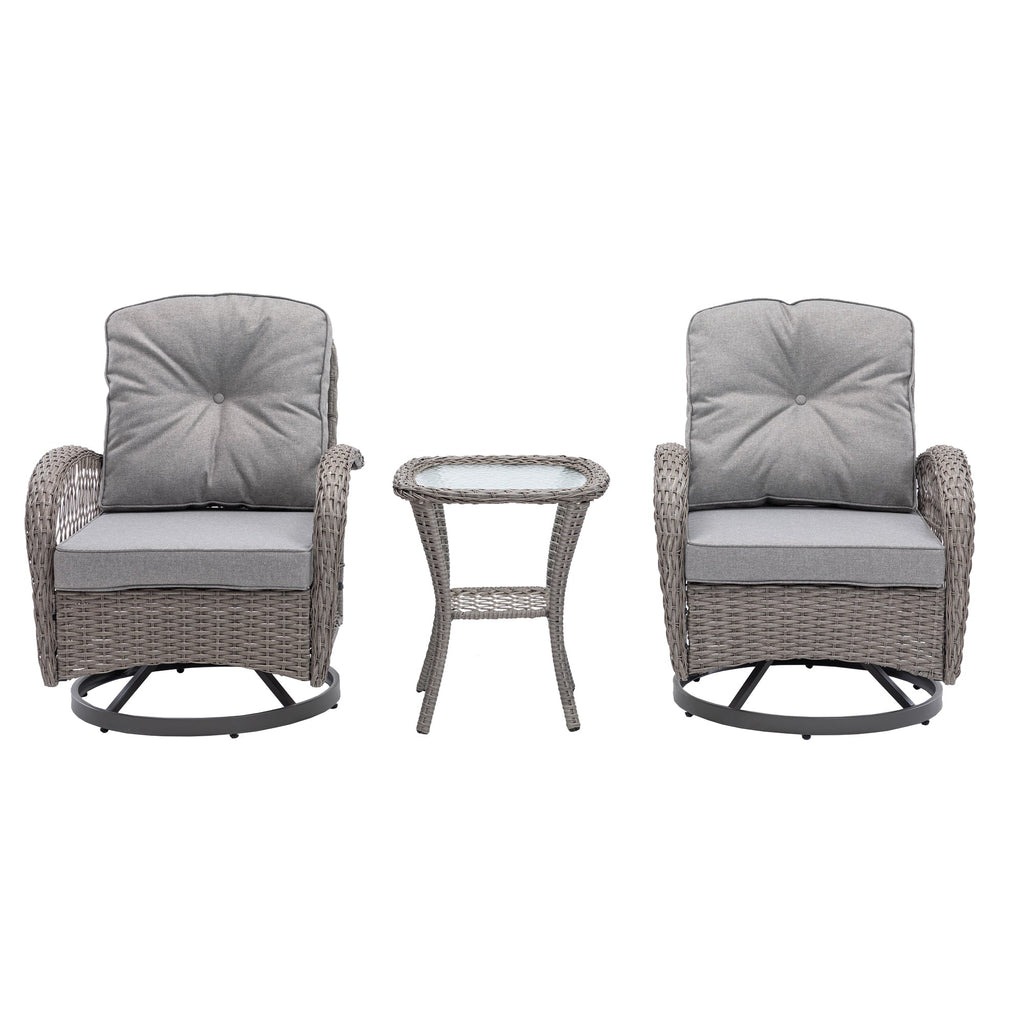 3 Pieces Outdoor Swivel Rocker Patio Chairs, 360 Degree Rocking Patio Conversation Set with Thickened Cushions and Glass Coffee Table for Backyard, Grey