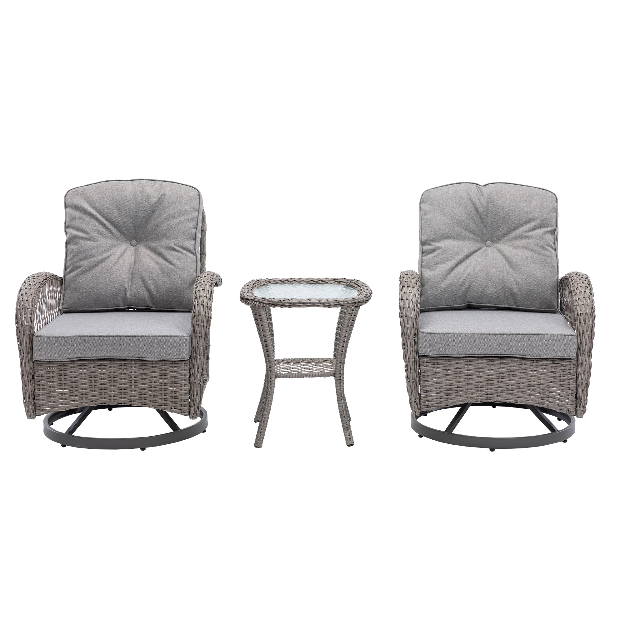 3 Pieces Outdoor Swivel Rocker Patio Chairs, 360 Degree Rocking Patio Conversation Set with Thickened Cushions and Glass Coffee Table for Backyard, Grey