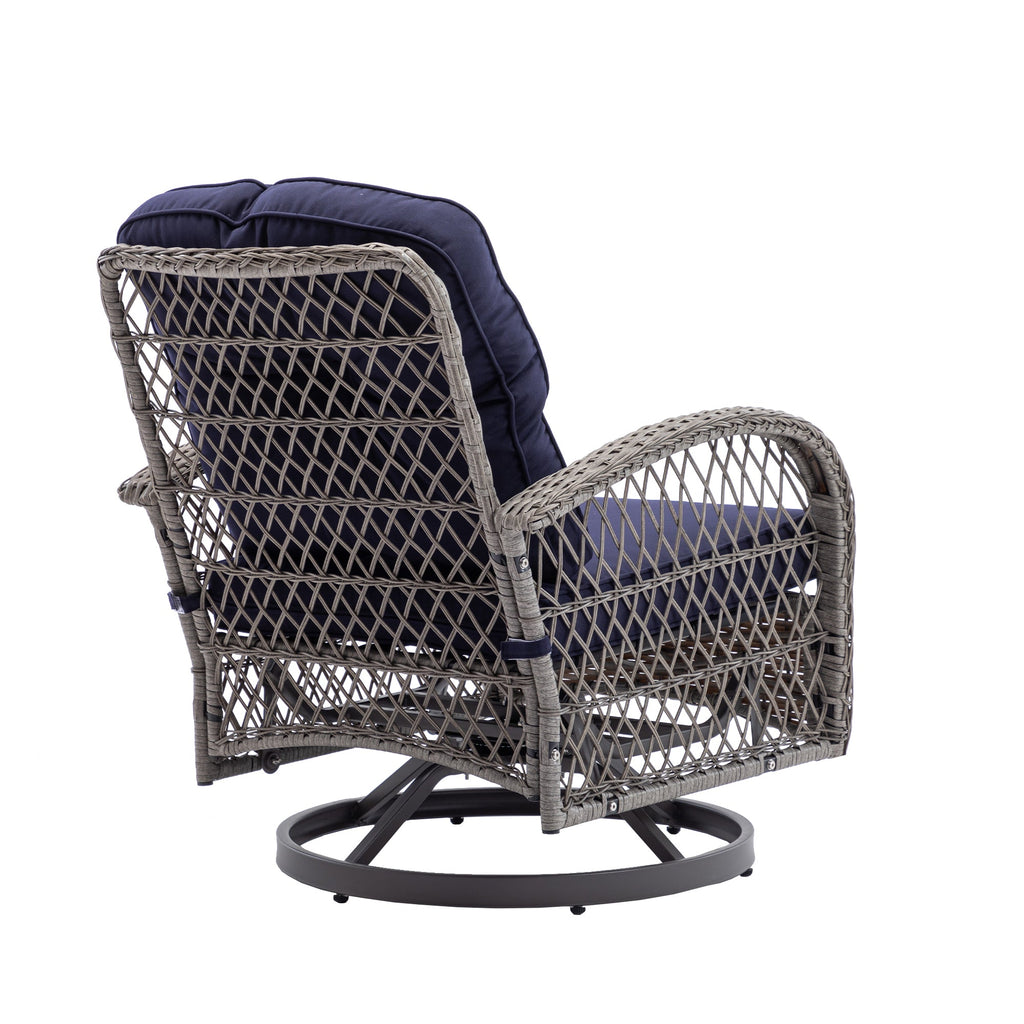 3 Pieces Outdoor Swivel Rocker Patio Chairs, 360 Degree Rocking Patio Conversation Set with Thickened Cushions and Glass Coffee Table for Backyard, Navy blue