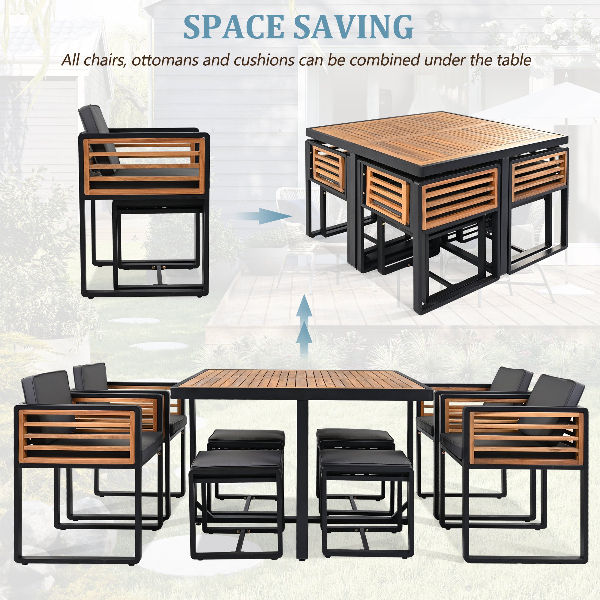 GO 18-Pieces Acacia Wood Patio Dining Set, Space Saving Outdoor Patio Set, 8 Cushioned Chairs & 8 Ottomans & 2 Square Table, for Backyard, Garden, Deck and Poolside, Gray