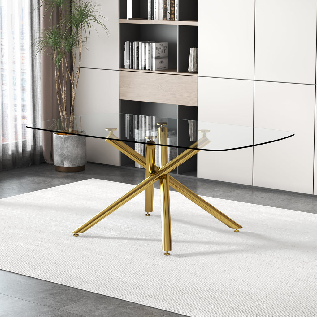 Large Modern Minimalist Rectangular Glass Dining Table with 0.39' Tempered Glass Top and Gilded Metal Legs for Kitchen, Dining Room, Living Room, Meeting Room, Ballroom 71' x 35.4' x 30'.
