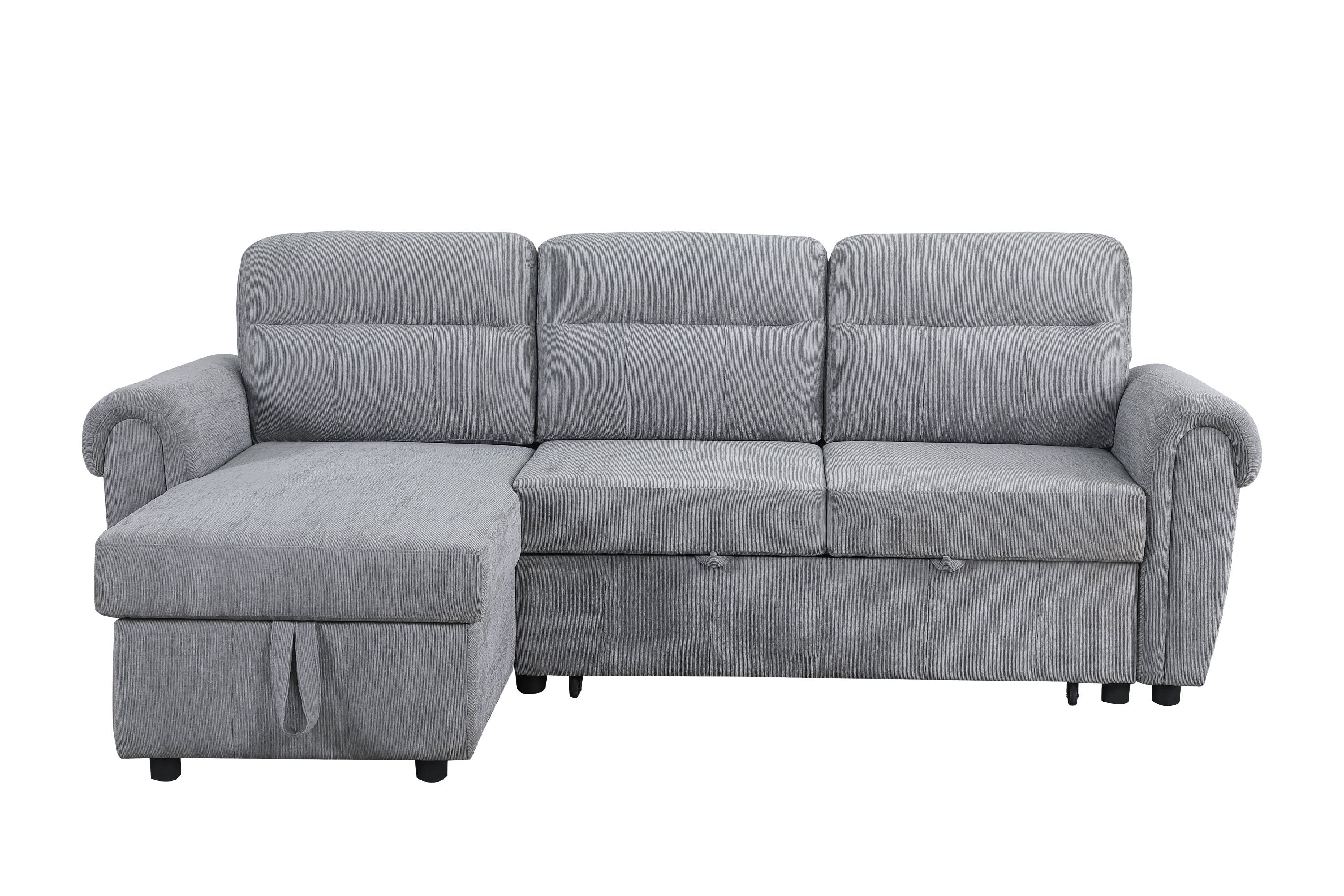 Hugo 97'W Light Gray Chenille Reversible Sleeper Sectional Sofa Chaise with USB Chargers, Phone/Magazine Pockets