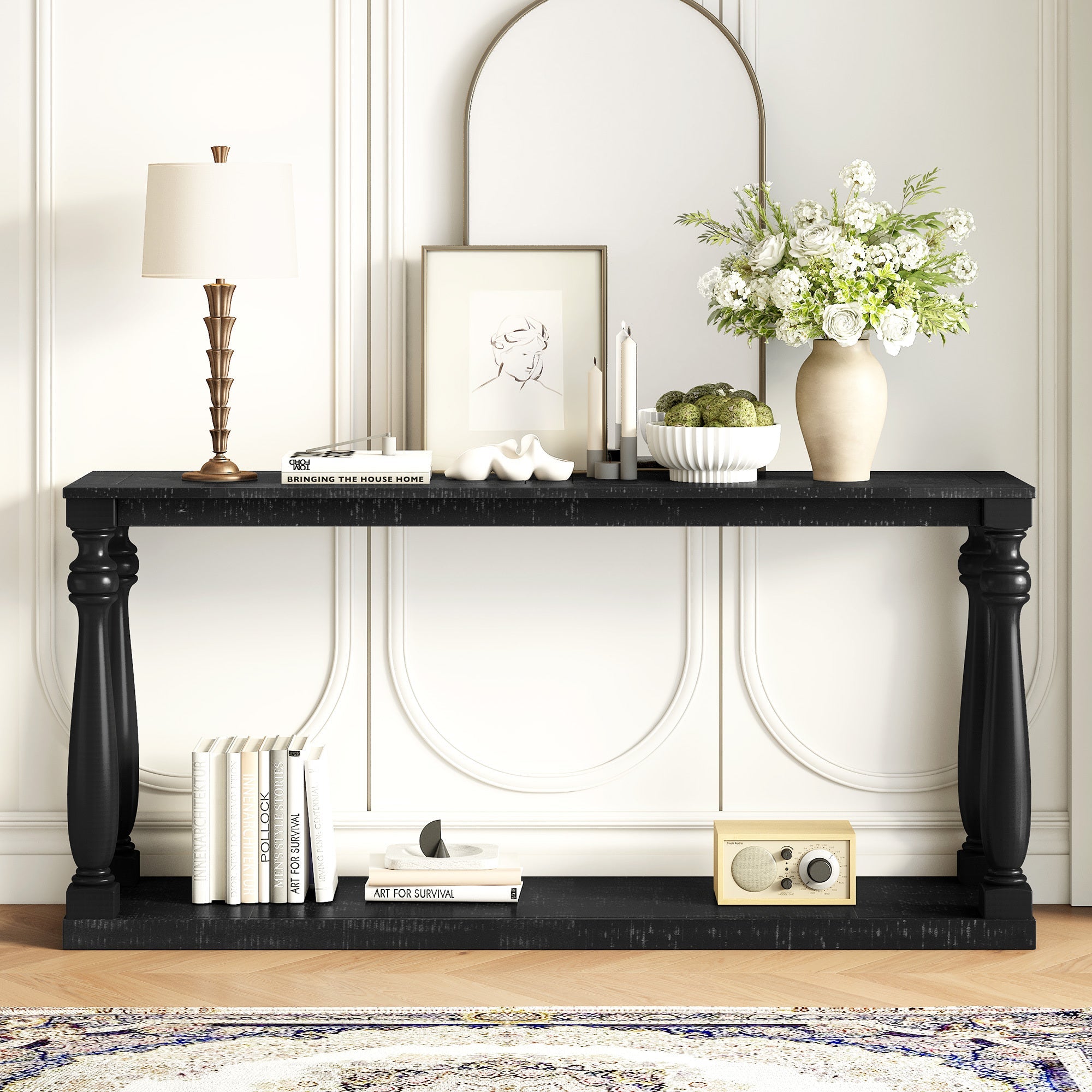 U_STYLE Vintage Wood Grain Console Table with Bottom Shelf and Four Vase Legs, Suitable for Entryway, Hallway, Living Room, Bedroom