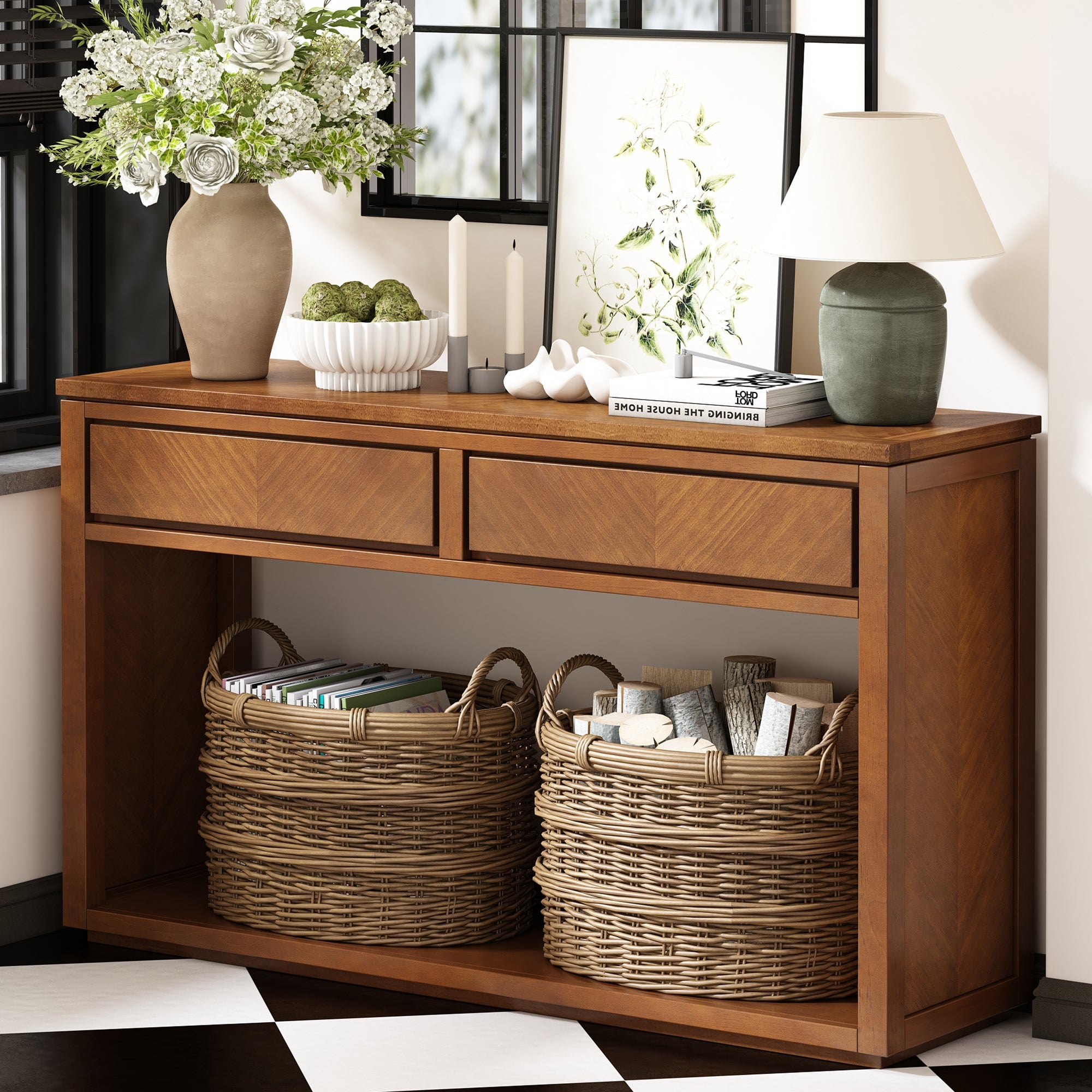 TREXM 55' Console Table, Rustic Wooden Entryway Table with Storage Drawers and Open Shelf, Elegant Sofa Table for Hallway and Living Room (Honey)