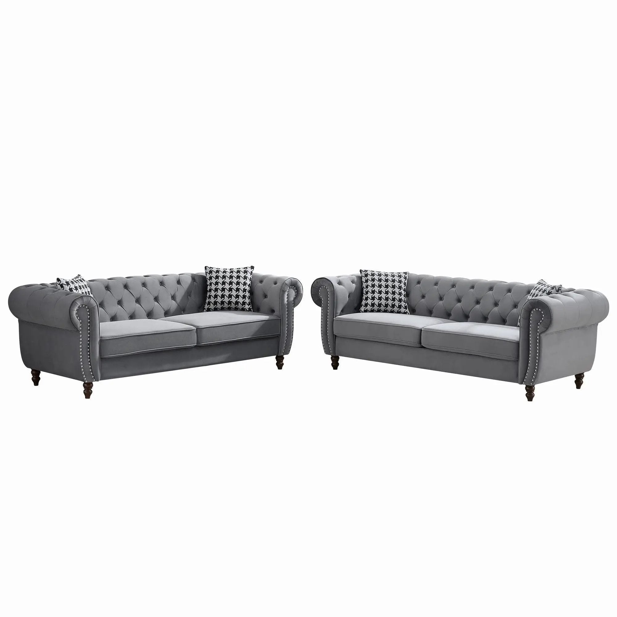 Chesterfield Upholstery Fabric Sofa With Roll Armrest & Nailhead, Mid Century Modern 3 And 3 Seater Couch