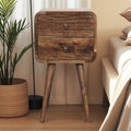 Solid Wood Mini Curved Grey Washed Nightstand, 2-Drawers, Nordic Legs, Brown