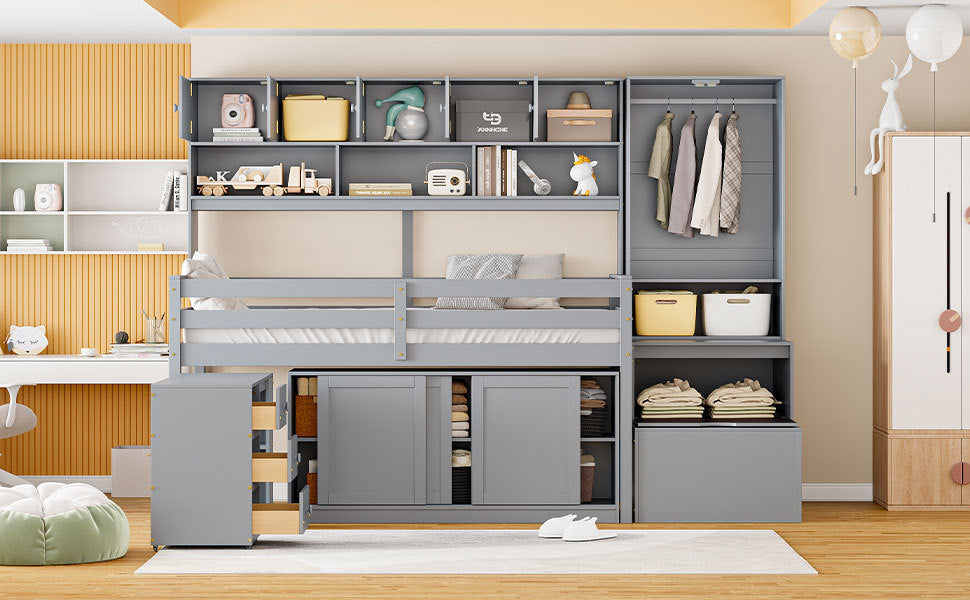 Twin Size Wooden Loft Bed Big Storage with Under-bed Desk, with Drawers, with Shelves, Gray