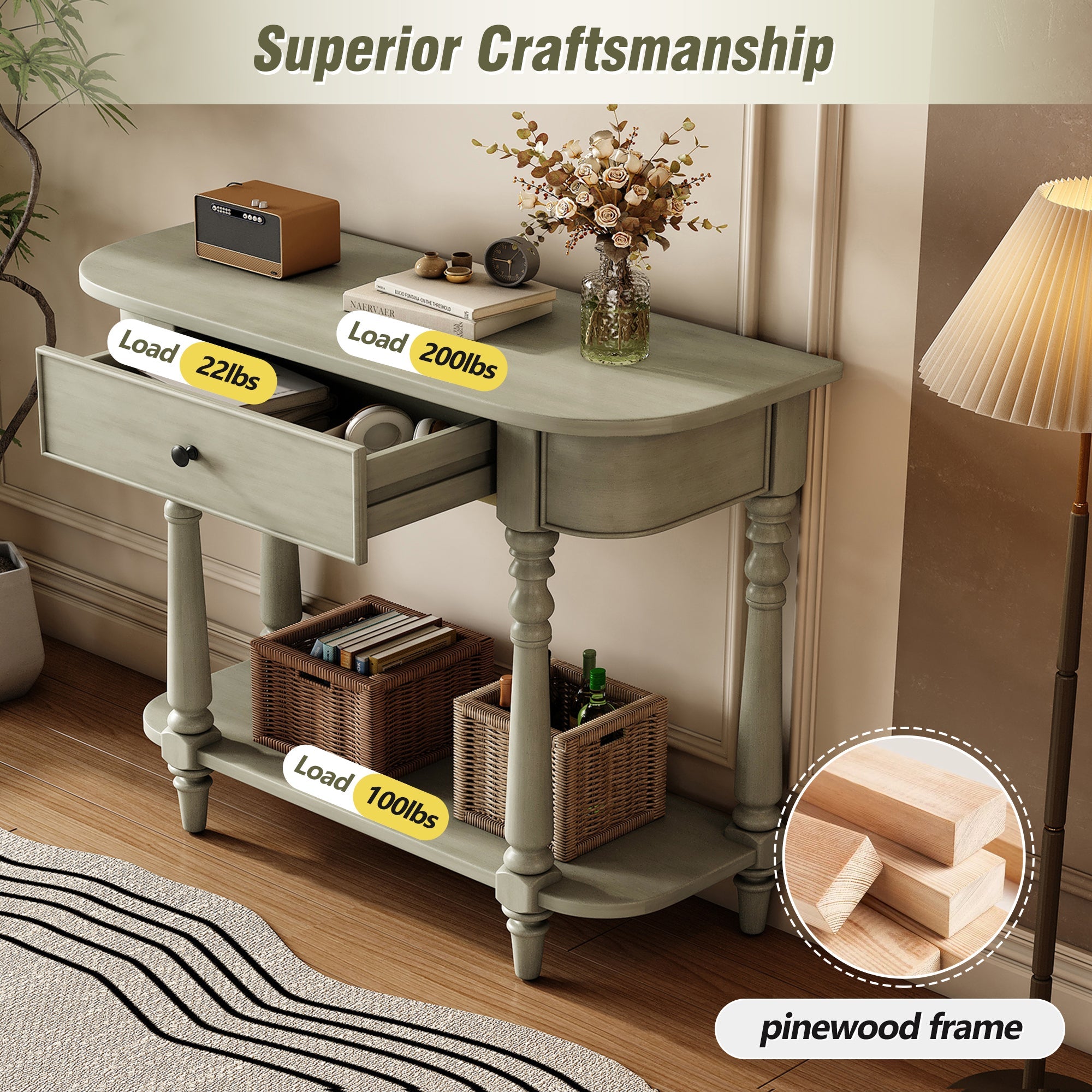 TREXM Narrow Console Table with Curved Corner, Retro Entryway Table with Top Drawer and Open Shelf, Sofa Table Console Tables for Entryway, Hallway and Living Room (Gray)