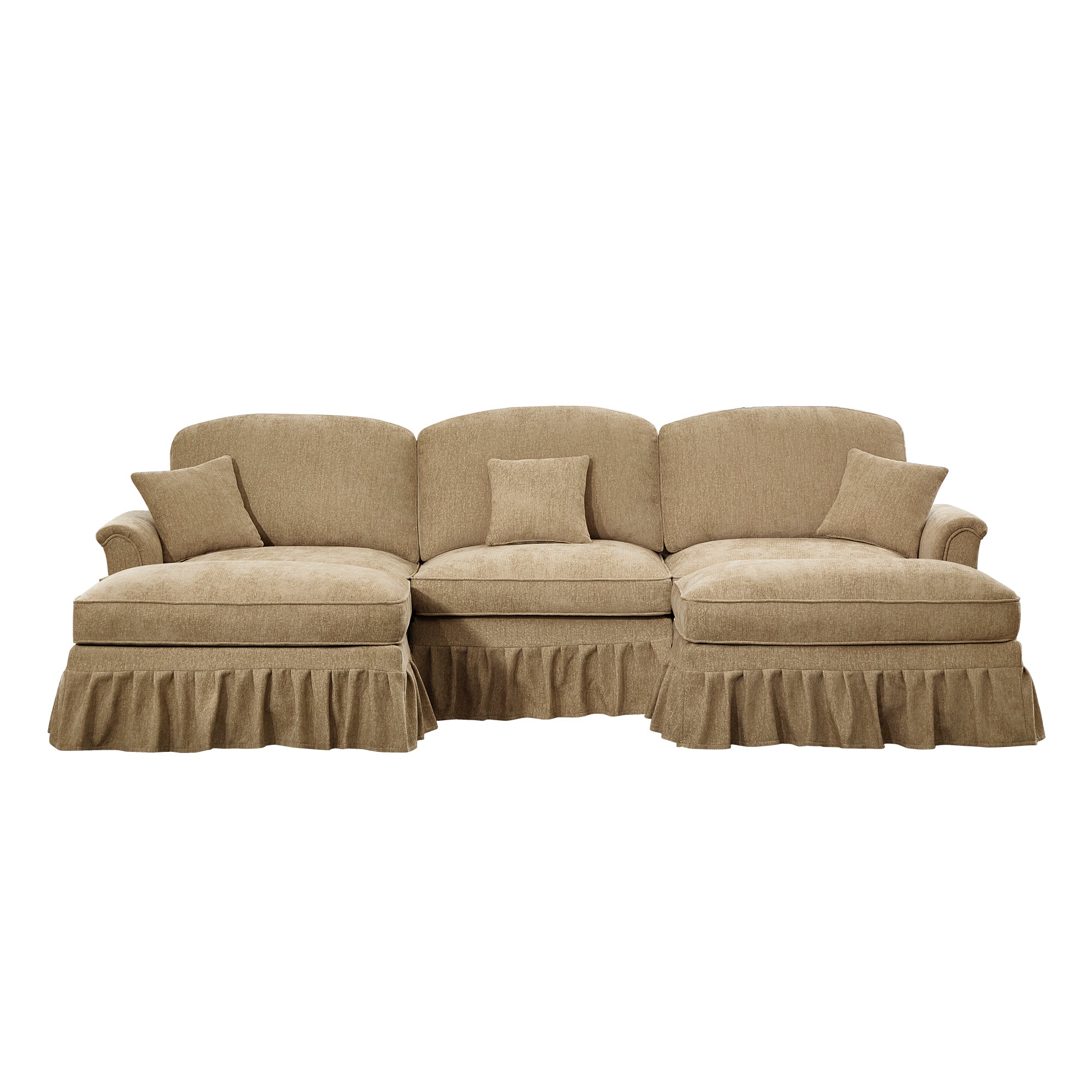 Classic Comfy Modular U Shape Sectional Sofa Couch with Flared Arms and Removable Ruffles Pleats Skirts and Spindle Legs, Upholstered Chenille Deep Seat Cloud Sofa with Movable Ottomans, Light Coffee