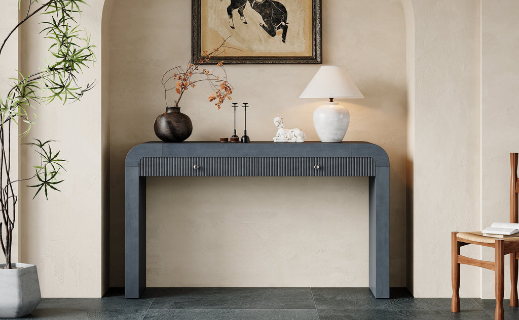 TREXM Rustic Console Table with Fluted Drawer Front, Entryway Table with Curved Corners & Thick Legs, Sturdy Sofa Table for Hallway & Living Room (Dark Navy)