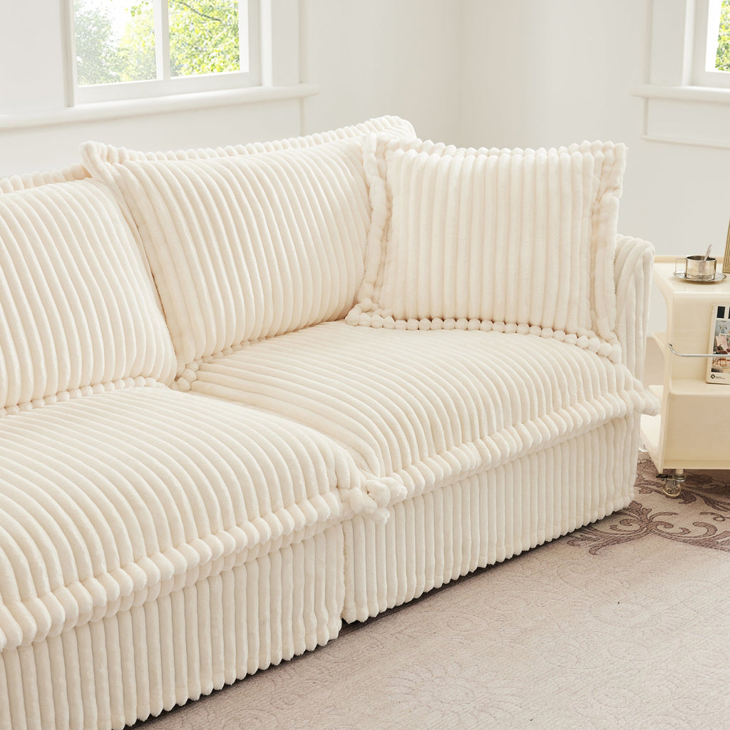 Slipcovered Sofa 2 Seater Sofa    With 2 Ottomans, 2 Seater Sleeper Sofa Bed Home Theater Oversized Sofa For Living Room, Corduroy, Cream