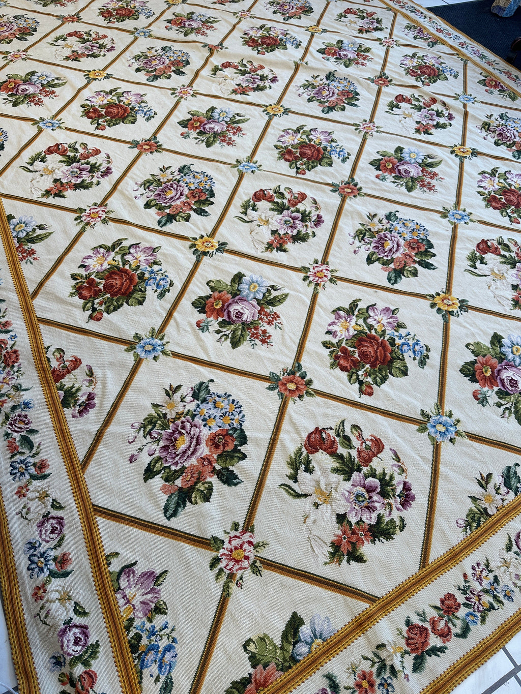 Handmade Needlepoint Floral Wool Rug – 9' 7" x 13' 5" – Vintage European Tapestry Style