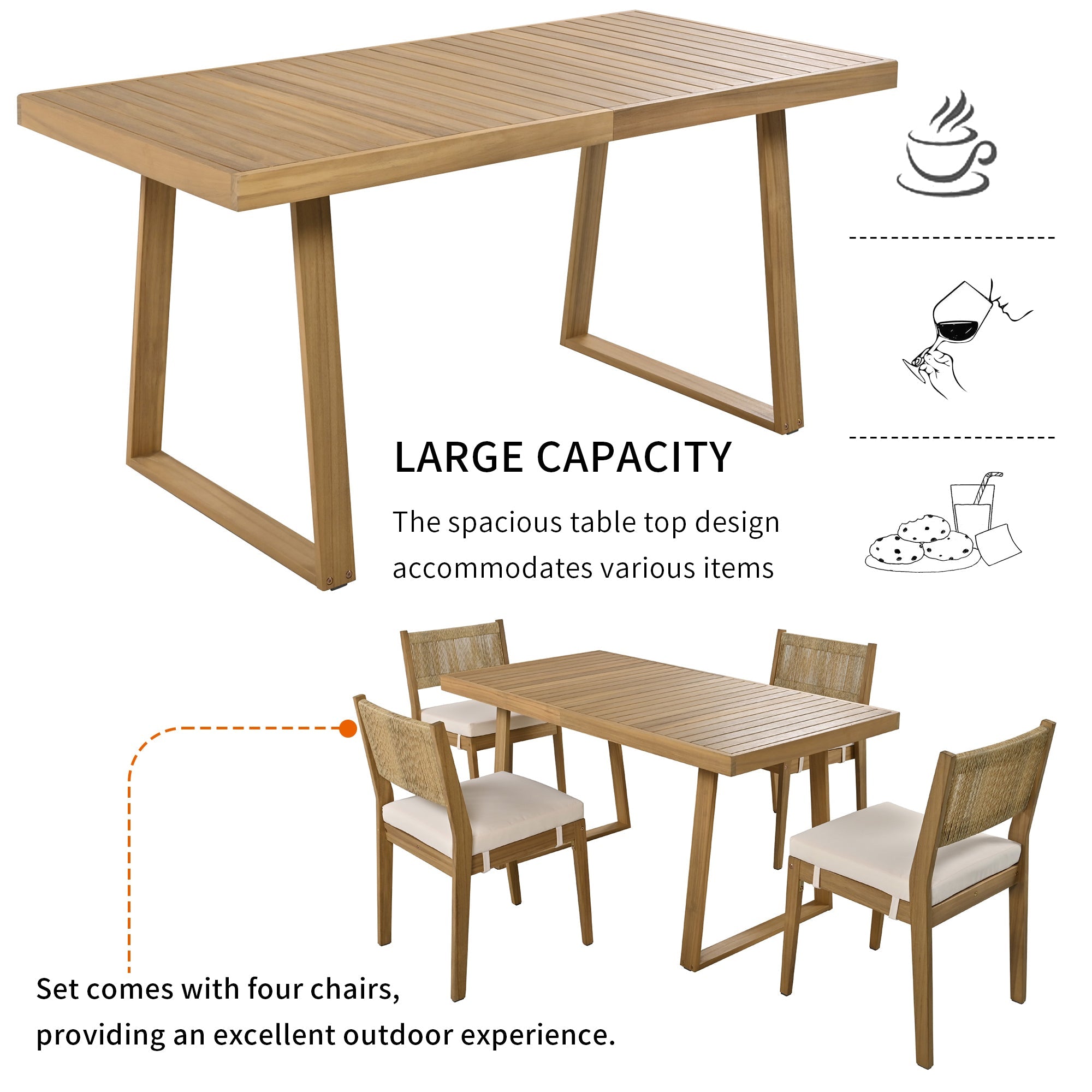 U_Style Multi-person Outdoor Acacia Wood Dining Table and Chair Set, Thick Cushions, Suitable for Balcony, Vourtyard, and Garden.