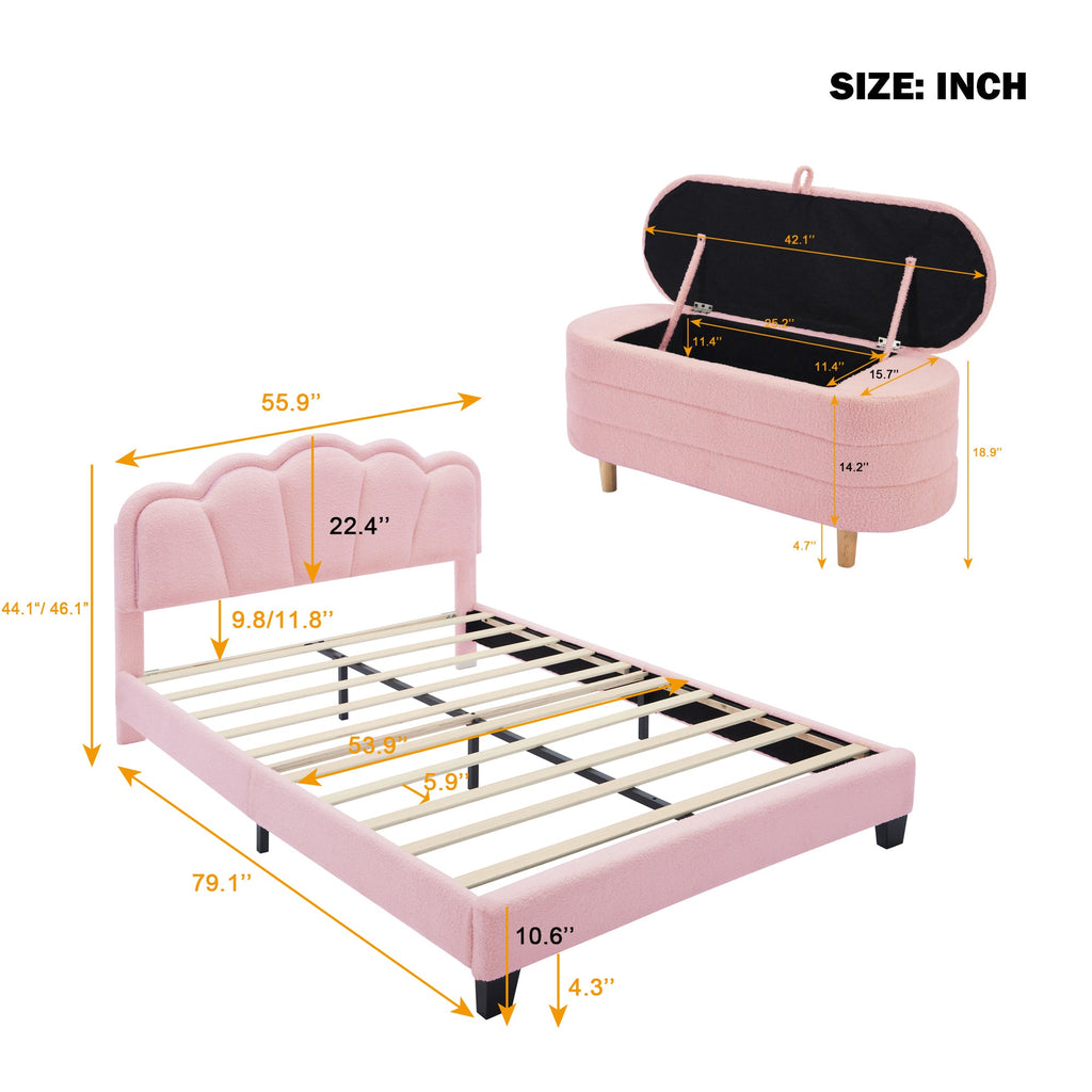 2-Pieces Bedroom Sets Full Size Flower-Shaped Upholstered LED Platform Bed with Storage Ottoman-Sherpa Fabric, Pink