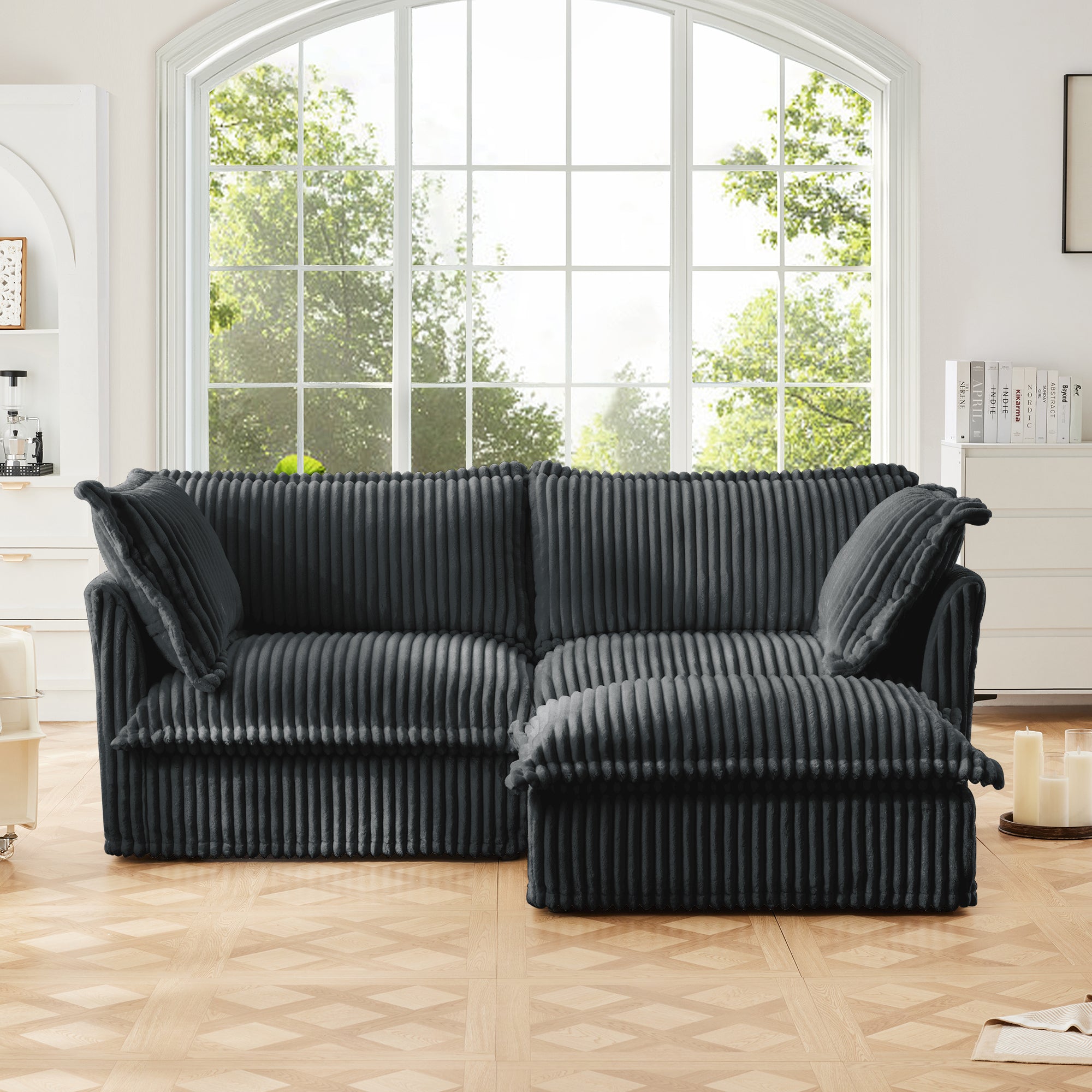 Slipcovered Sectional 2 Seater Sofa Couch with Convertible Ottoman, Wide and Deep Seat L Shaped Sofa with Detachable Cover and Soft Multiple Big Pillows,Gray Corduroy Fabric