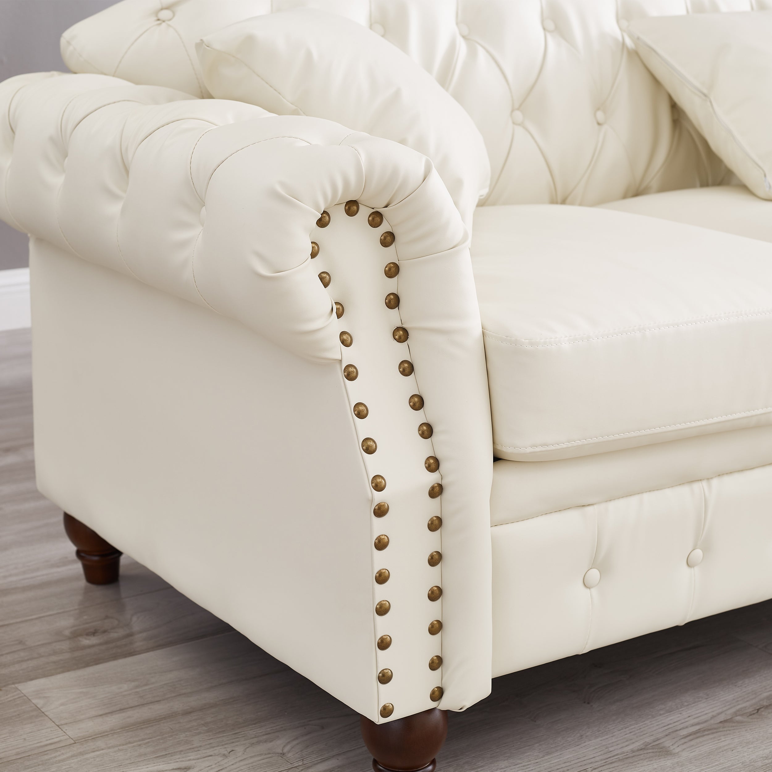 85.8' Living Room Chesterfield Sofa Classic Tufted Design Faux Leather PU Upholstered Sofa with Storage (Ivory)