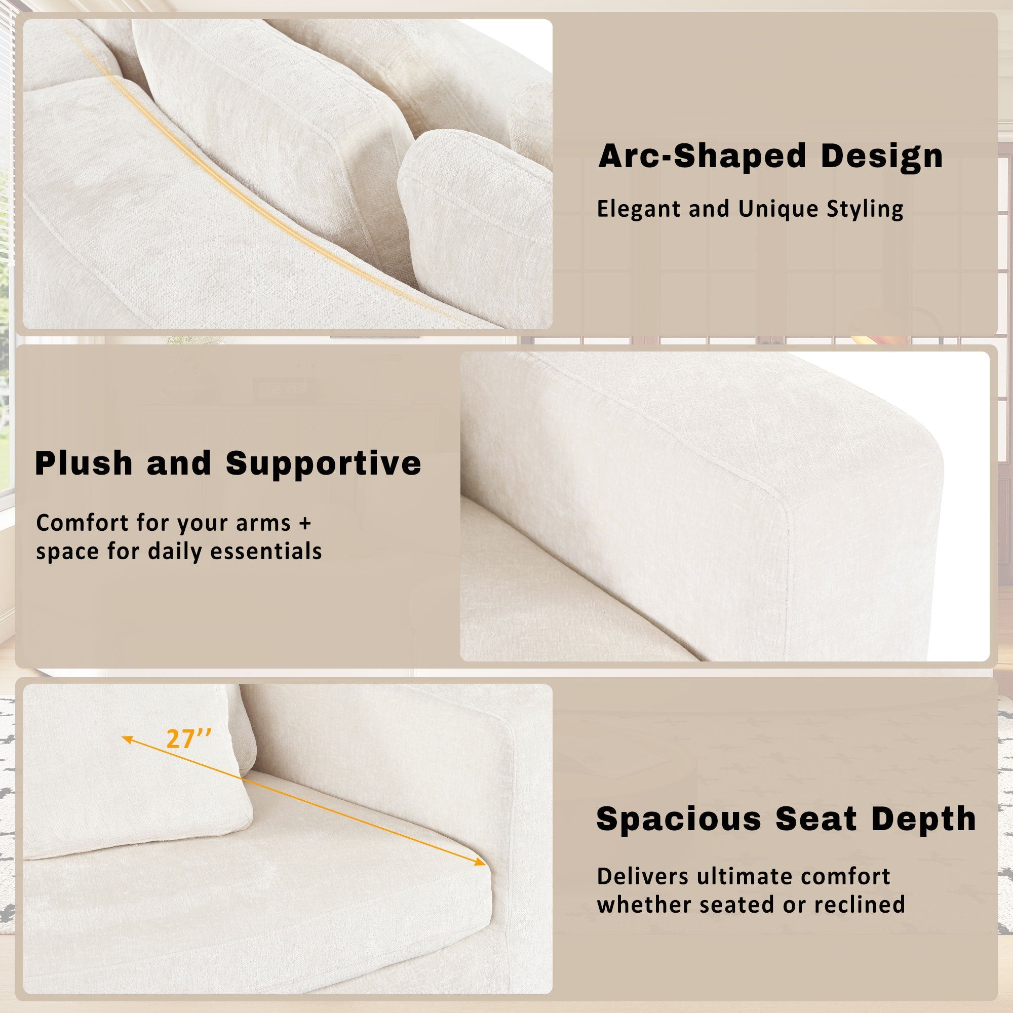 U_Style 115.7' Pure Foam Modular Sofa, 2-Piece Set with 5 Cushions, 4-Seater, Chenille Jacquard Fabric, Curved Design, No Assembly Required, Soft Upholstered Sofa for Living Room & Bedroom