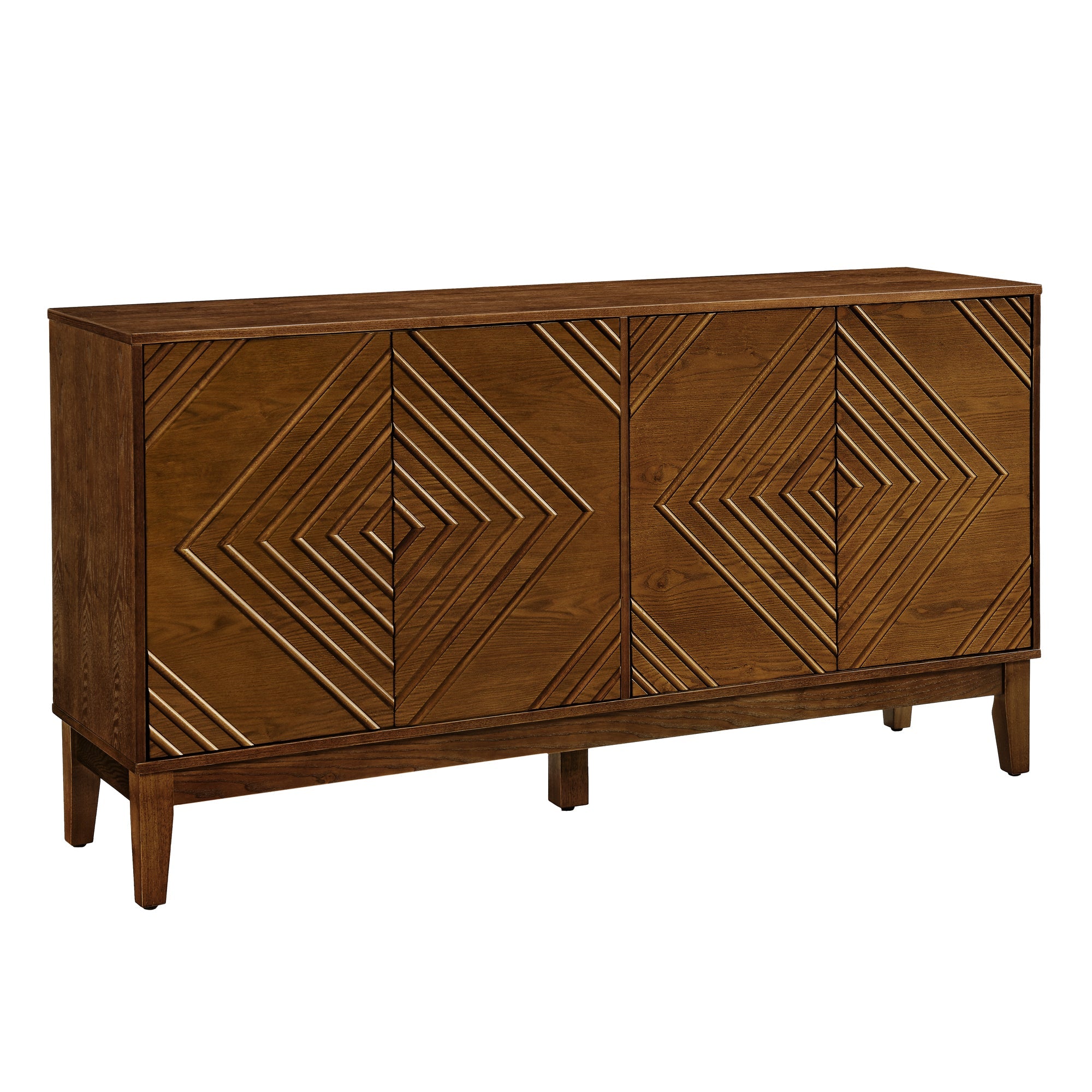 60.5'' Buffet Cabinet with Storage, Farmhouse Fluted Sideboard with Geometric Pattern & Adjustable Shelves, Mid Century Modern TV Stand for Living Room Kitchen Dining Room Entryway, Walnut